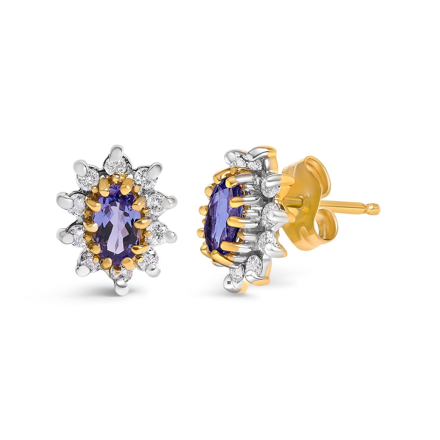 Pendientes de Stud de Diamante y Tanzanita en Oro Amarillo de 14K con Halo en Forma de Sol