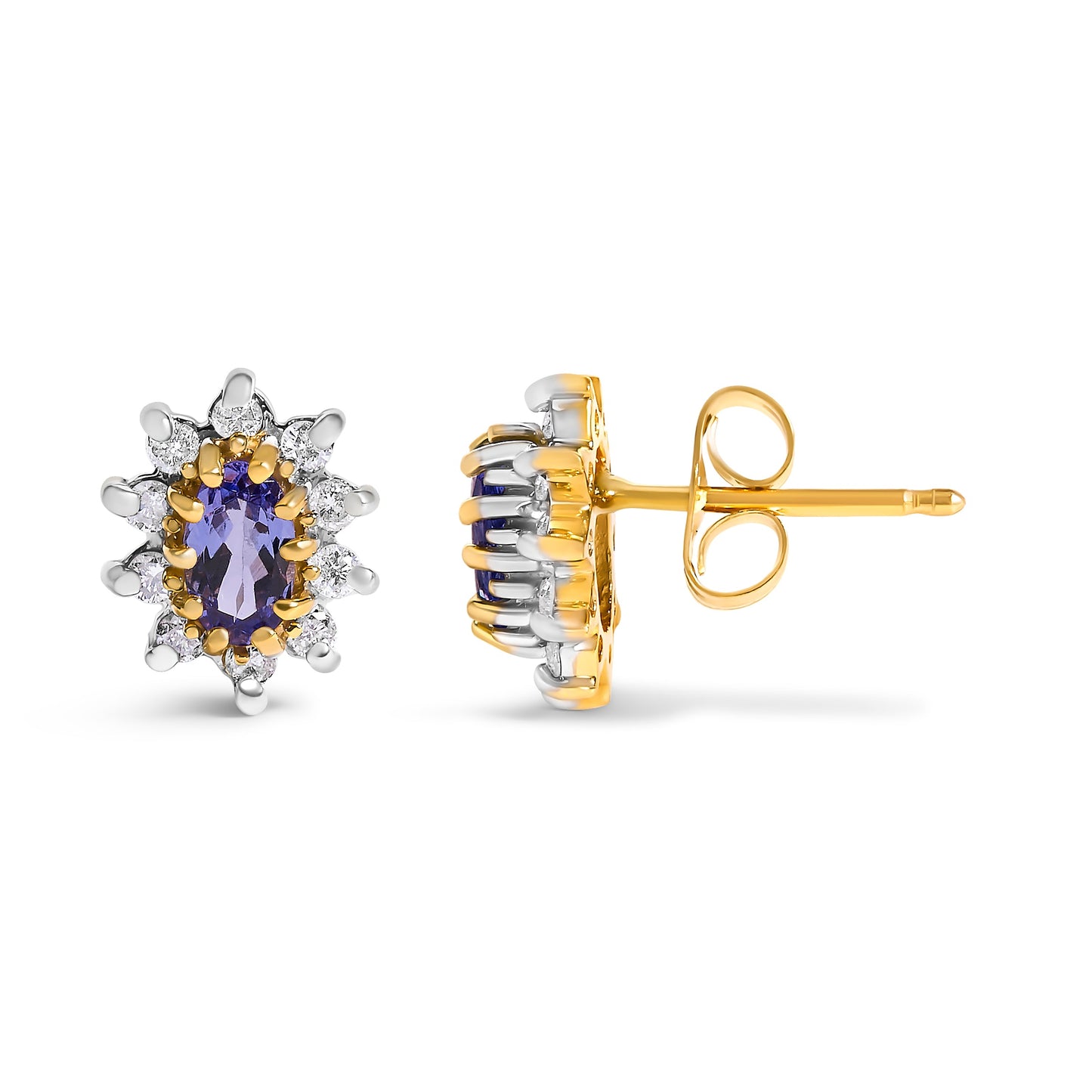Pendientes de Stud de Diamante y Tanzanita en Oro Amarillo de 14K con Halo en Forma de Sol