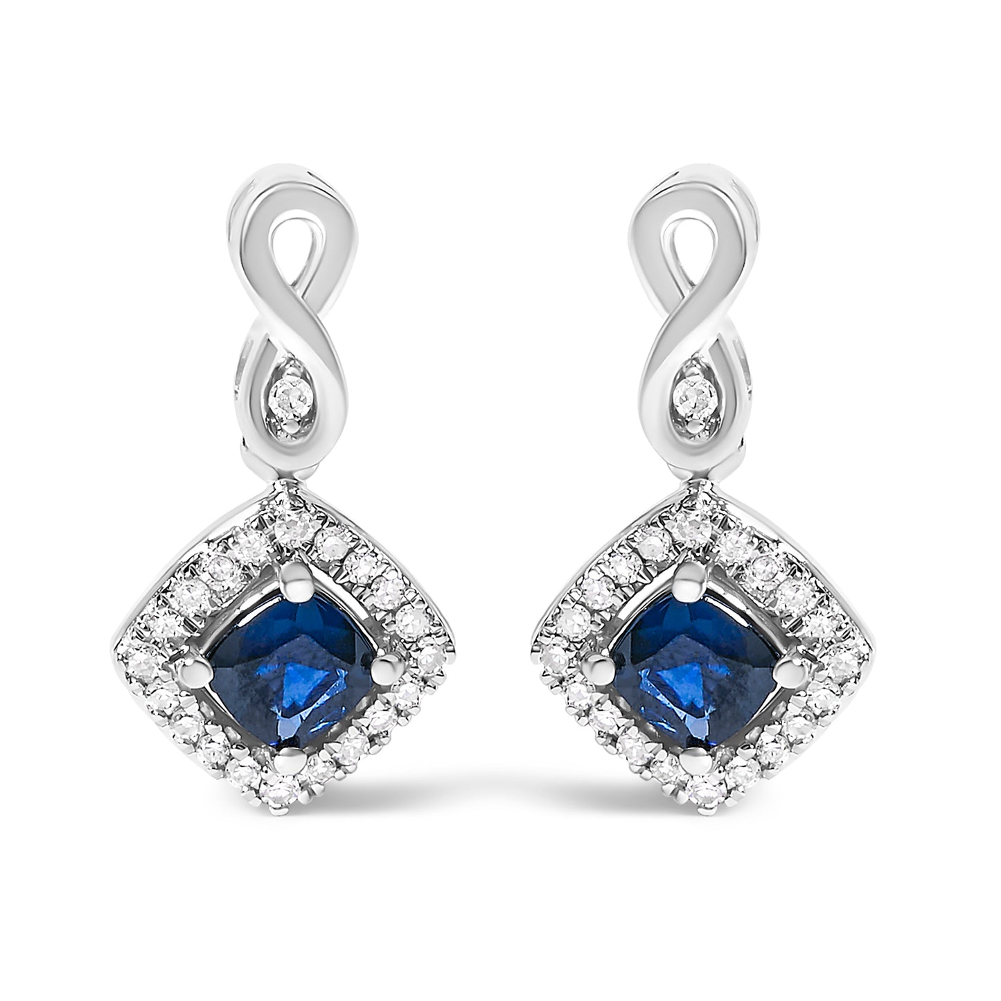10K White Gold Blue Sapphire & Diamond Halo Drop Earrings
