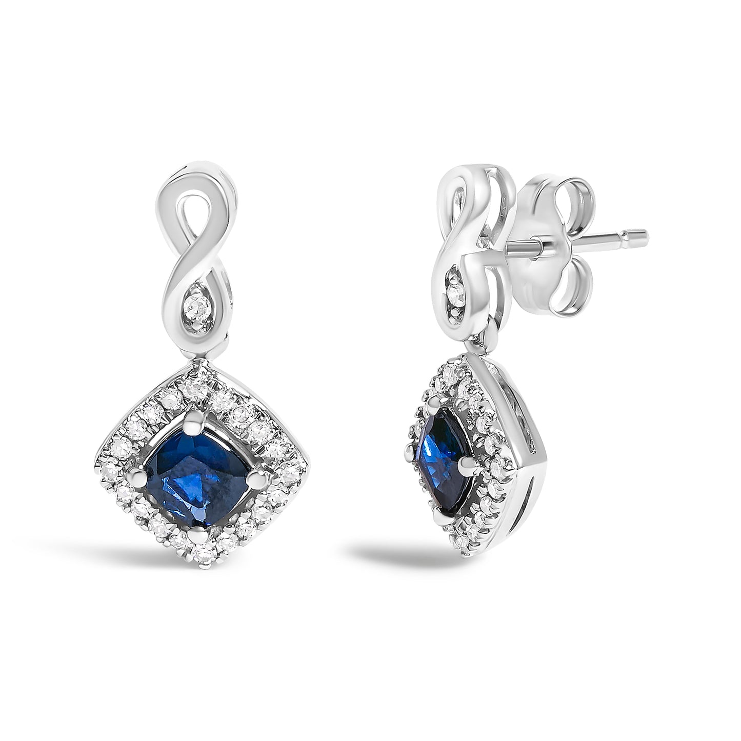 10K White Gold Blue Sapphire & Diamond Halo Drop Earrings