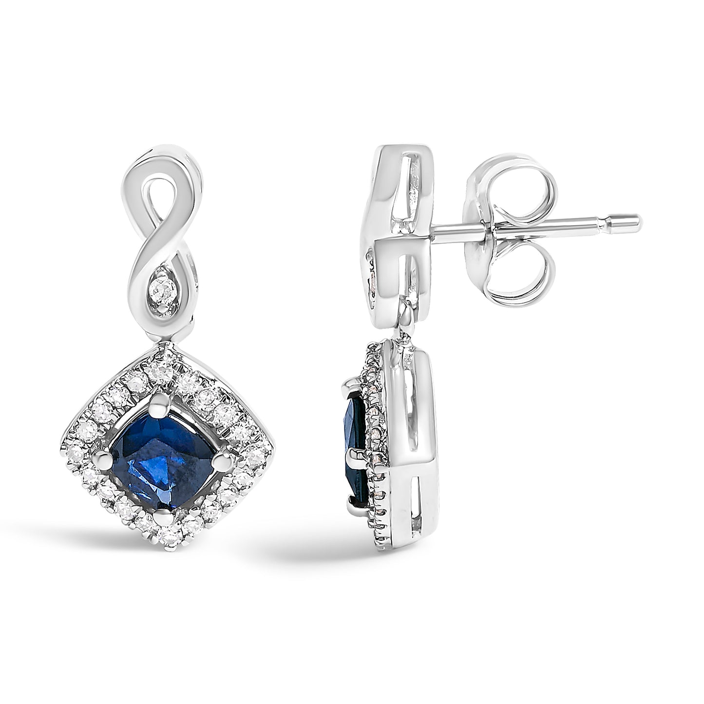 10K White Gold Blue Sapphire & Diamond Halo Drop Earrings