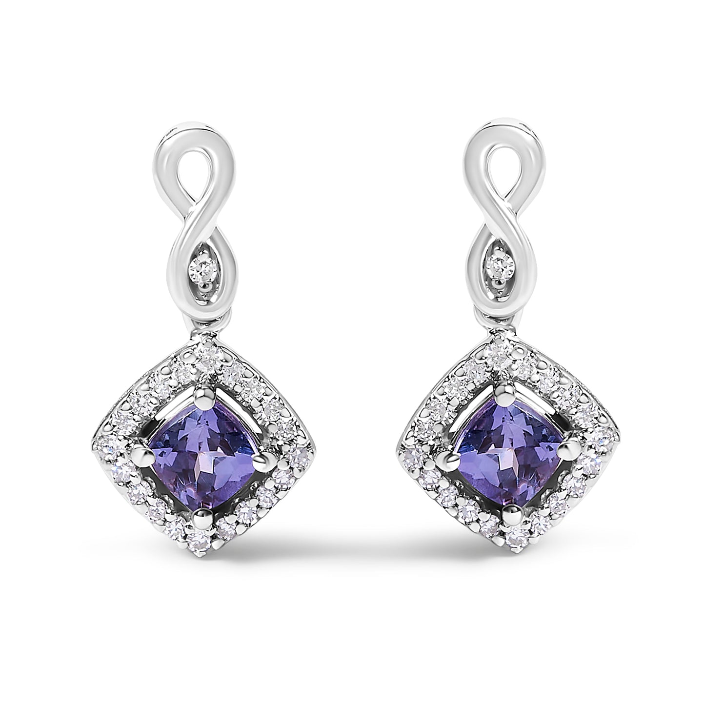 Pendientes de gota de diamante y tanzanita azul púrpura de oro blanco de 10 quilates