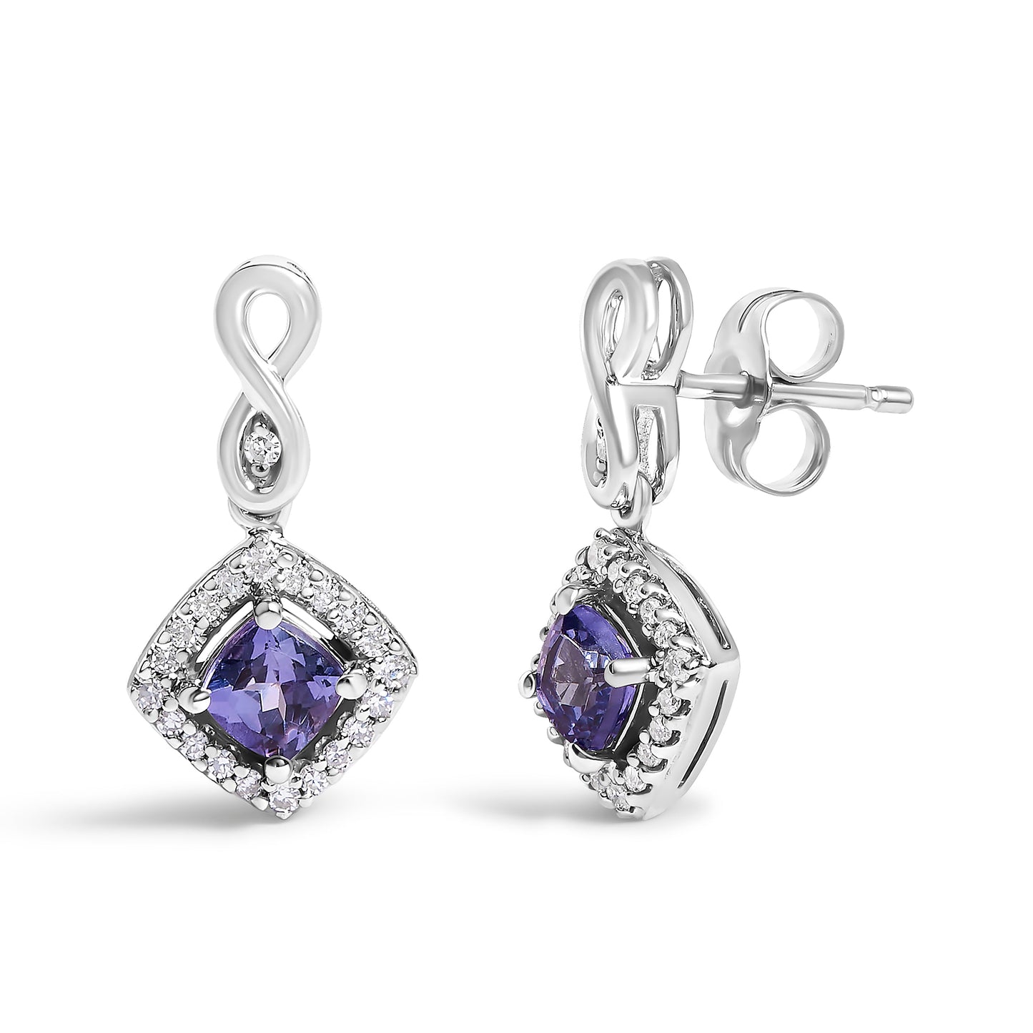 Pendientes de gota de diamante y tanzanita azul púrpura de oro blanco de 10 quilates