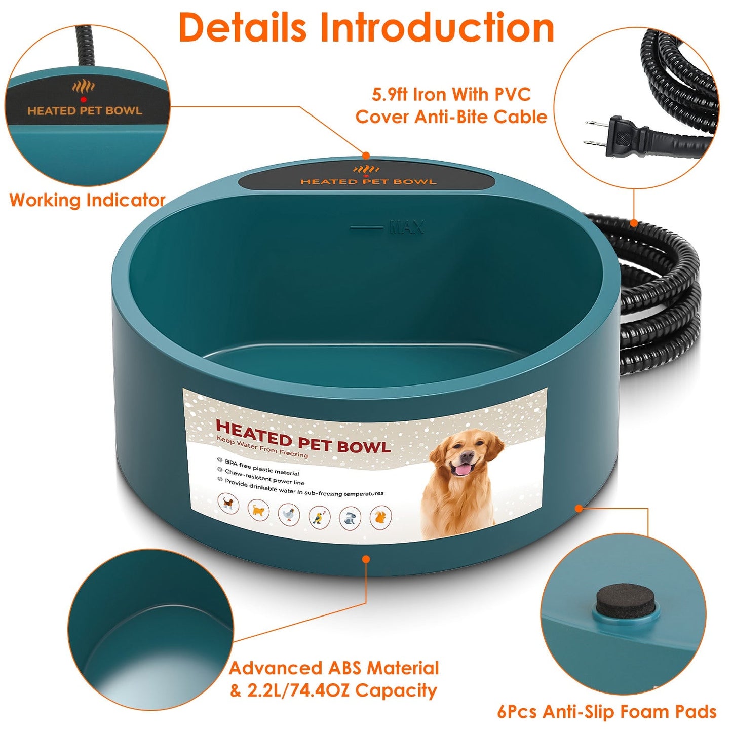 Cuenco de Agua Calentado GBruno para Perros y Gatos