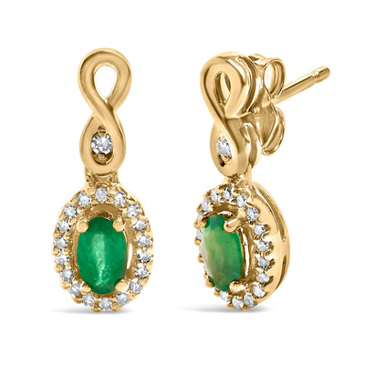 10K Yellow Gold Emerald and Diamond Dangle Earrings