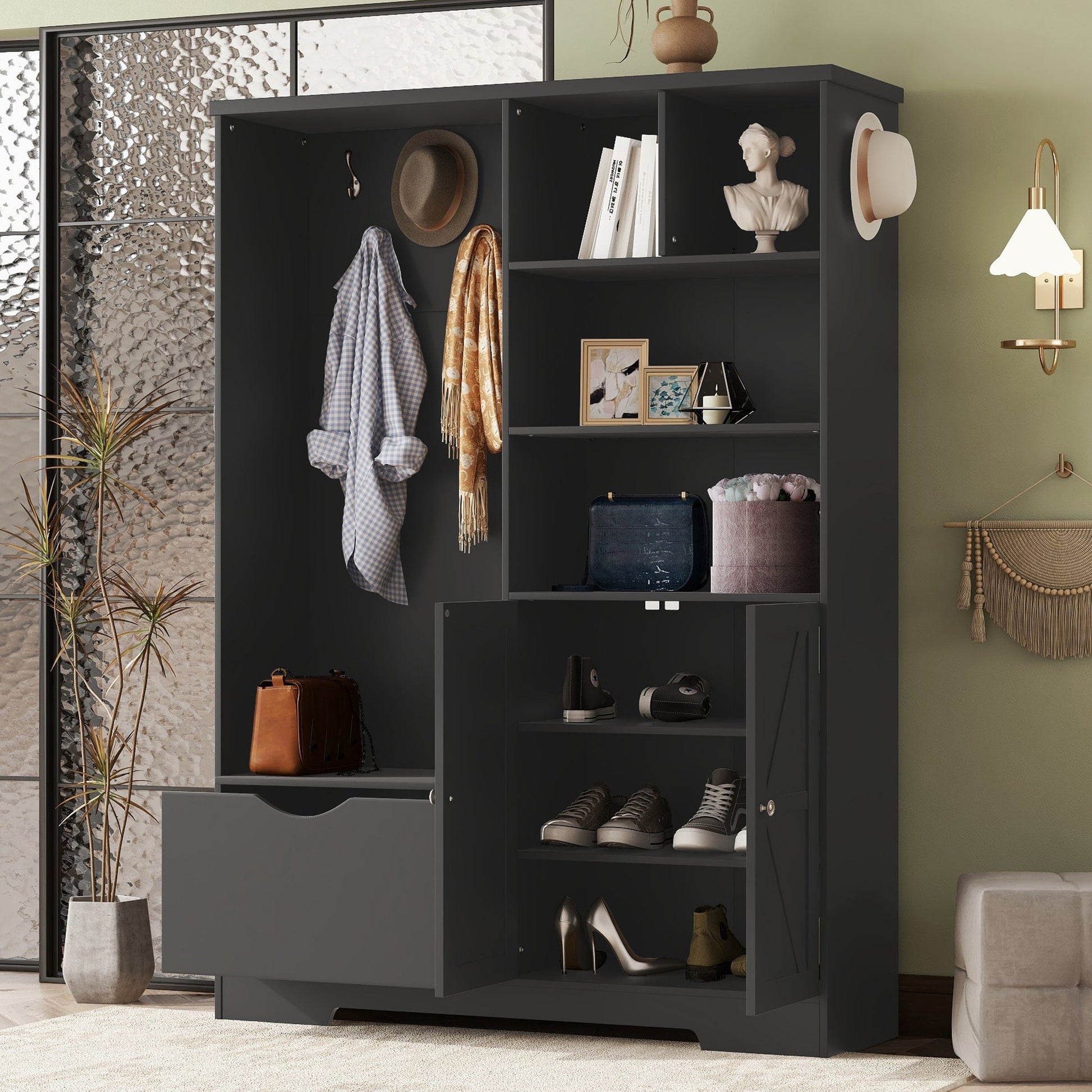 Multi-functional Hall Tree with Storage Shelves Drawers and Cabinet, Elegant Hallway Shoe Cabinet with Bench Modern Black - Korvel