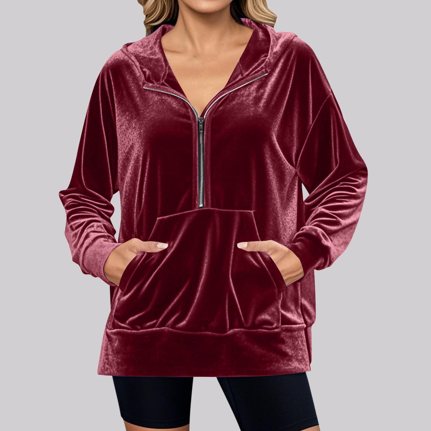 Loose Long Sleeve Zipper Pocket Pleuche Top for Women