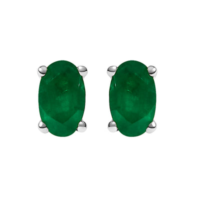 14K White Gold Oval Green Emerald Stud Earrings
