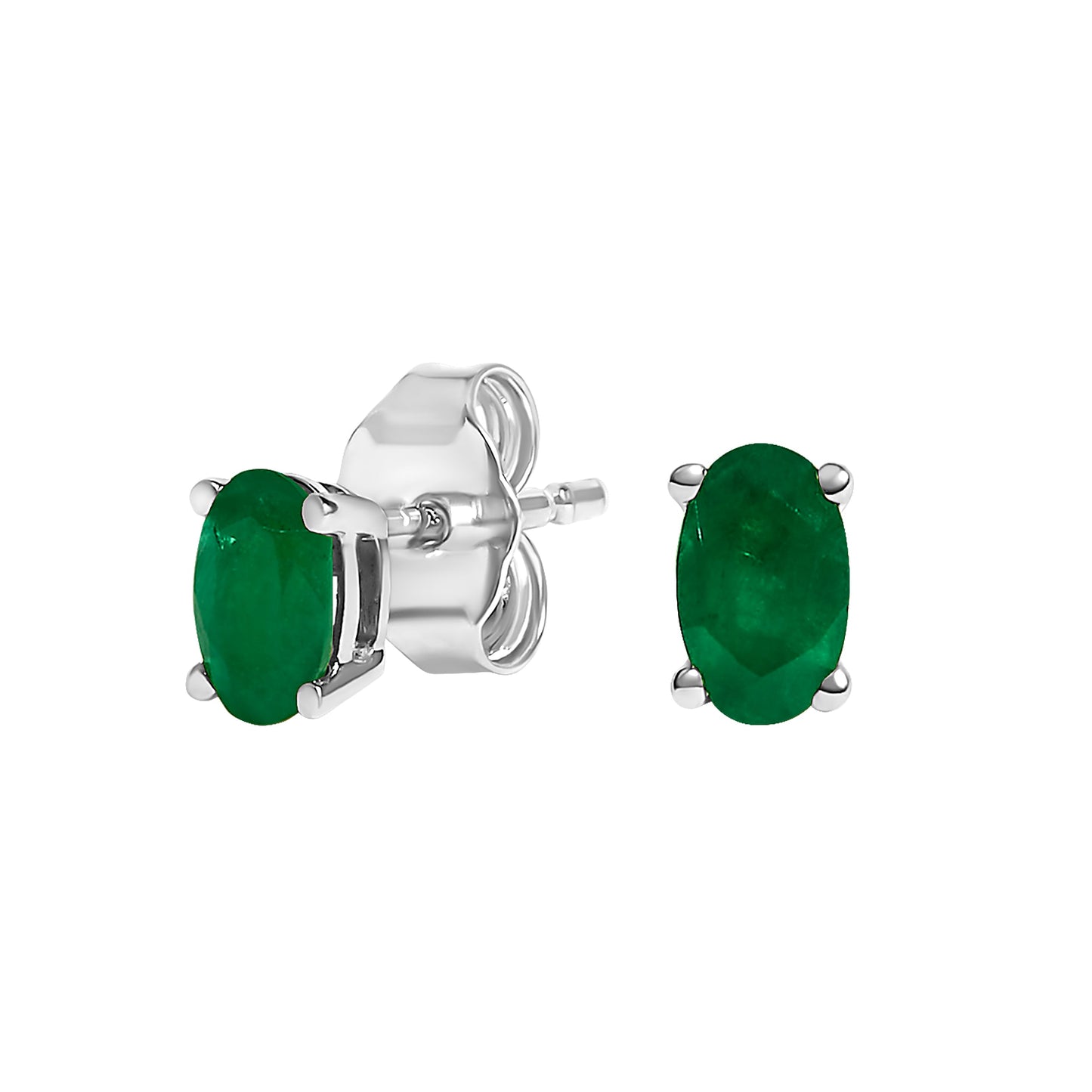 14K White Gold Oval Green Emerald Stud Earrings