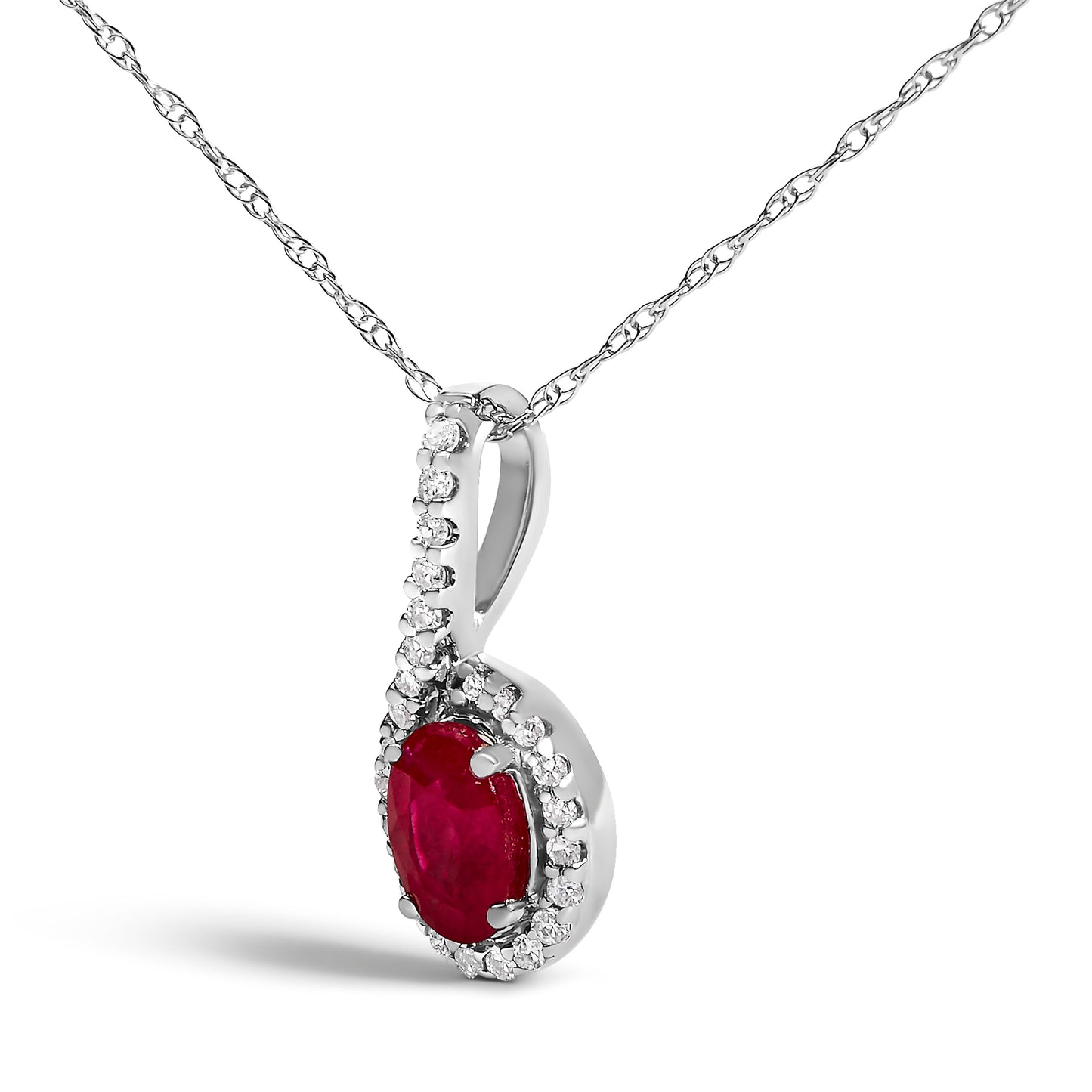 Collier Pendentif Goutte en Or Blanc 10K avec Rubis Rouge et Accent de Diamant