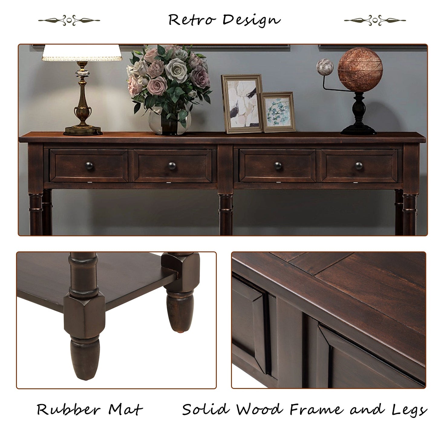 TREXM Espresso Console Table with Storage Drawers