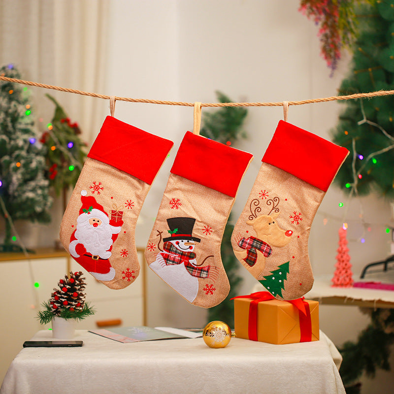 Christmas Decoration Linen Red Bordered Old Man Snowman Christmas Socks Christmas Gift Bag Candy Socks - Korvel