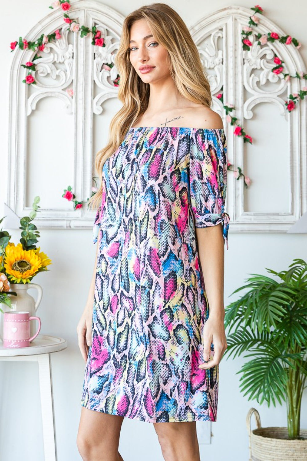 Bold Off Shoulder Snake Mini Dress