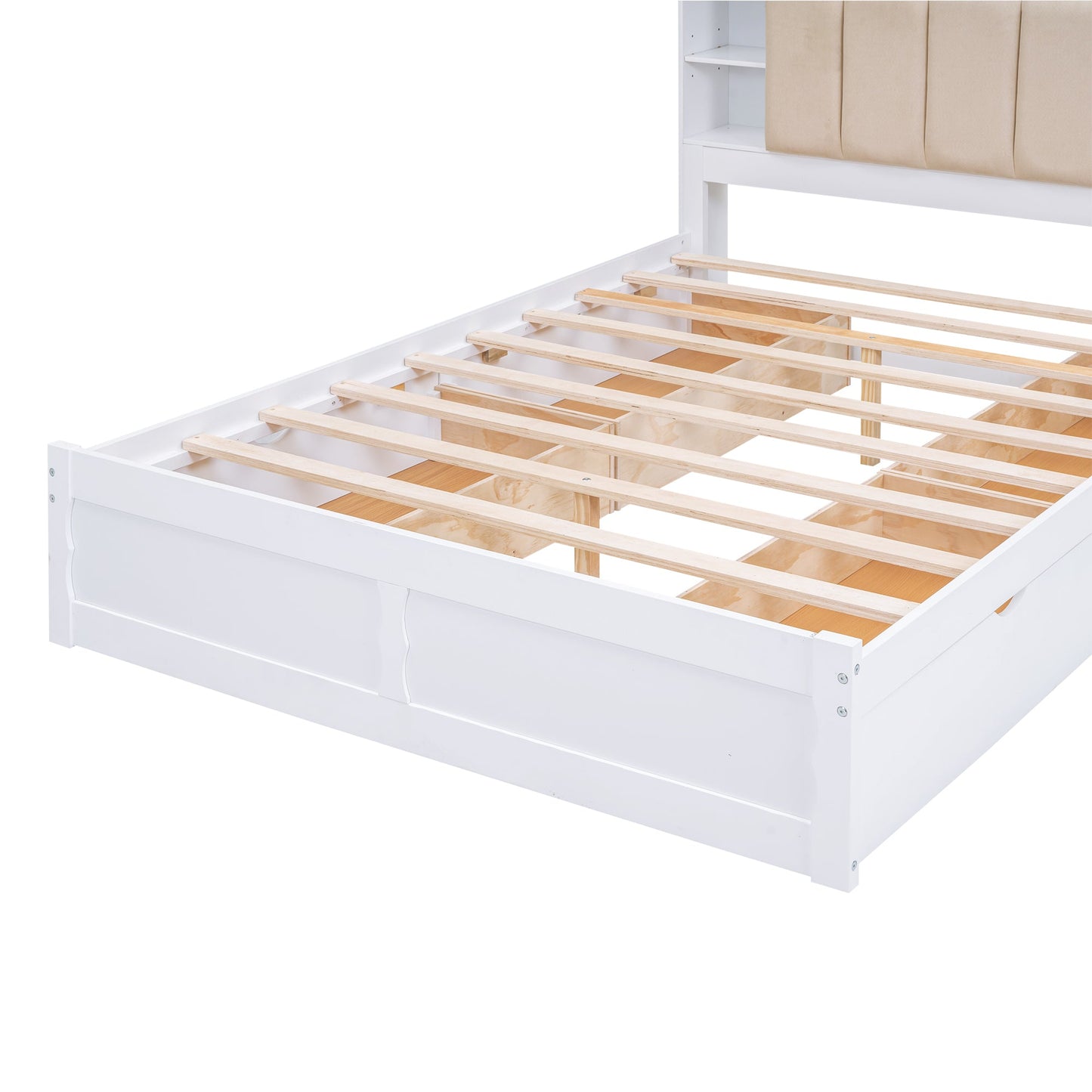 Wood Queen Size Platform Bed with Storage Headboard  Shelves and 4 Drawers  White - Korvel