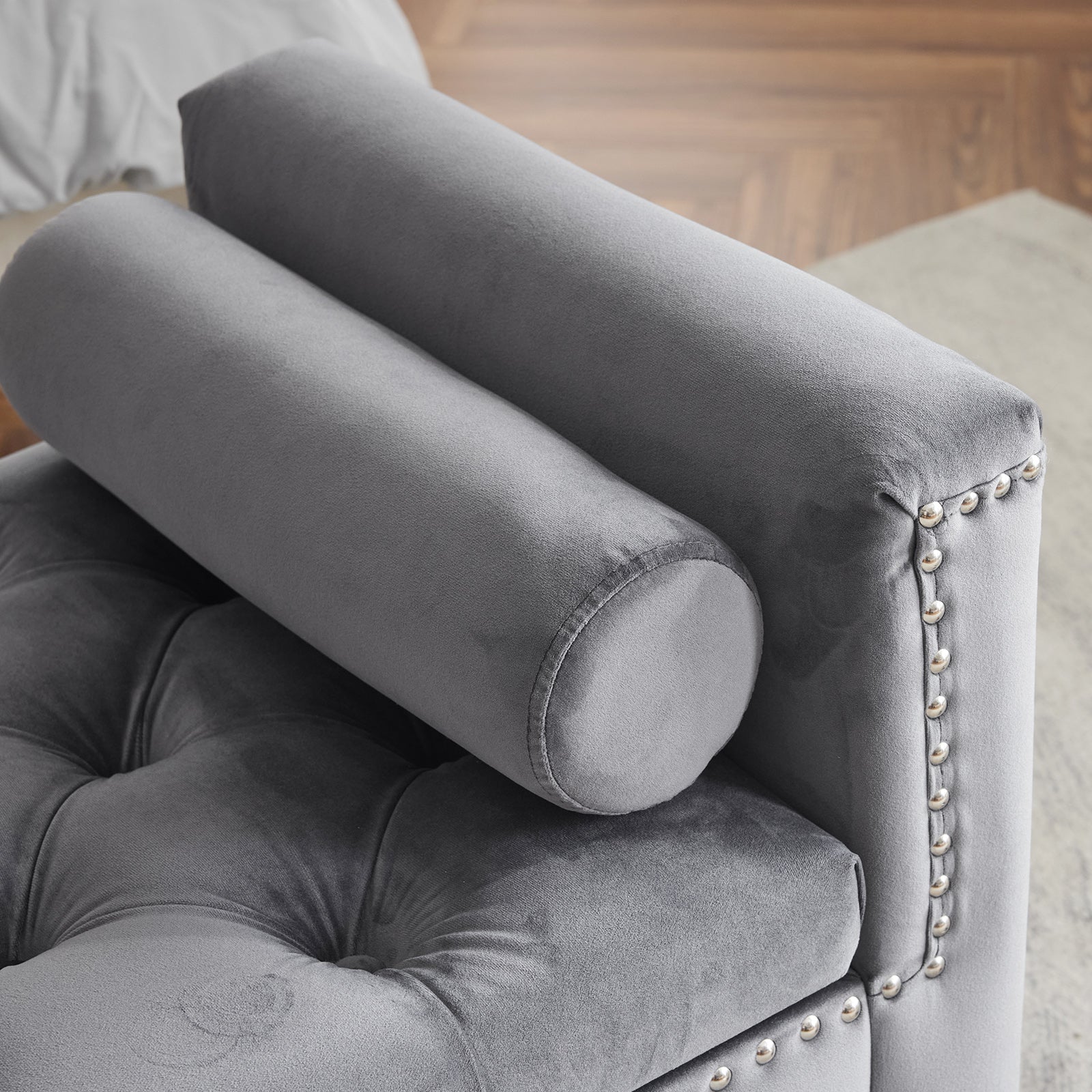 Storage Bench, 44.5-Inch Queen Velvet Button Bedside Bench, Entryway Living Room with Armrests, Nailhead Trim Gray - Korvel
