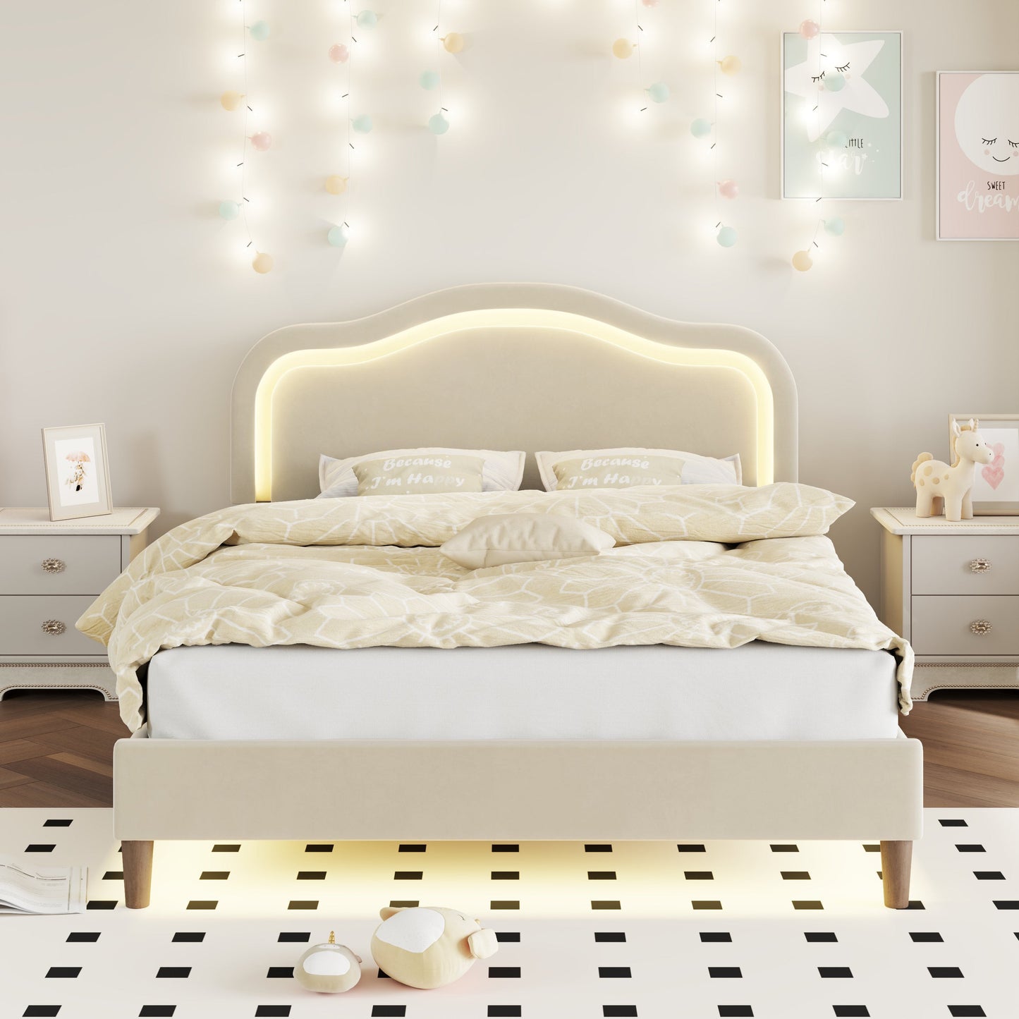 Full Size Velvet Upholstered Smart LED Bed Frame with Adjustable Height Headboard,No Box Spring Needed,Easy Assembly,Beige - Korvel