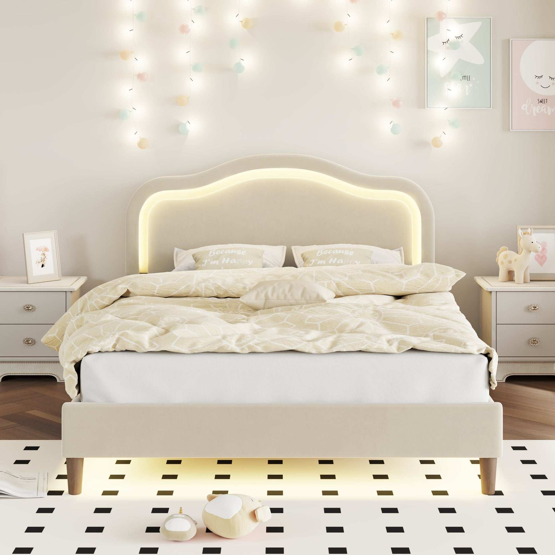 Full Size Velvet Upholstered Smart LED Bed Frame with Adjustable Height Headboard,No Box Spring Needed,Easy Assembly,Beige - Korvel