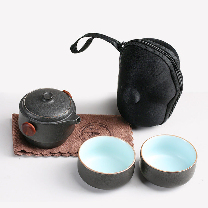 Black pottery quick guest cup one pot two cups household outdoor travel tea set portable bag Kung Fu outdoor portable bubble - Korvel