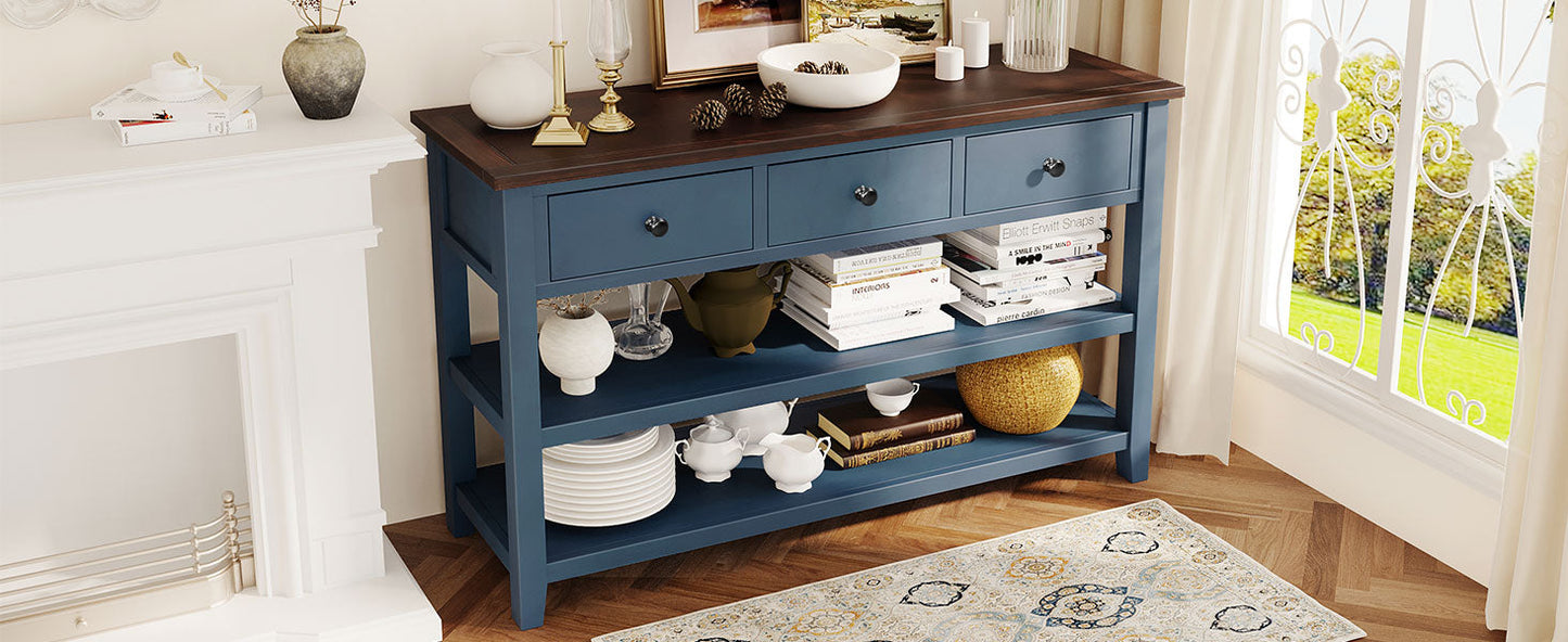 Retro Design Console Table with Two Open Shelves, Pine Solid Wood Frame and Legs for Living Room (Antique Navy+Espresso) - Korvel