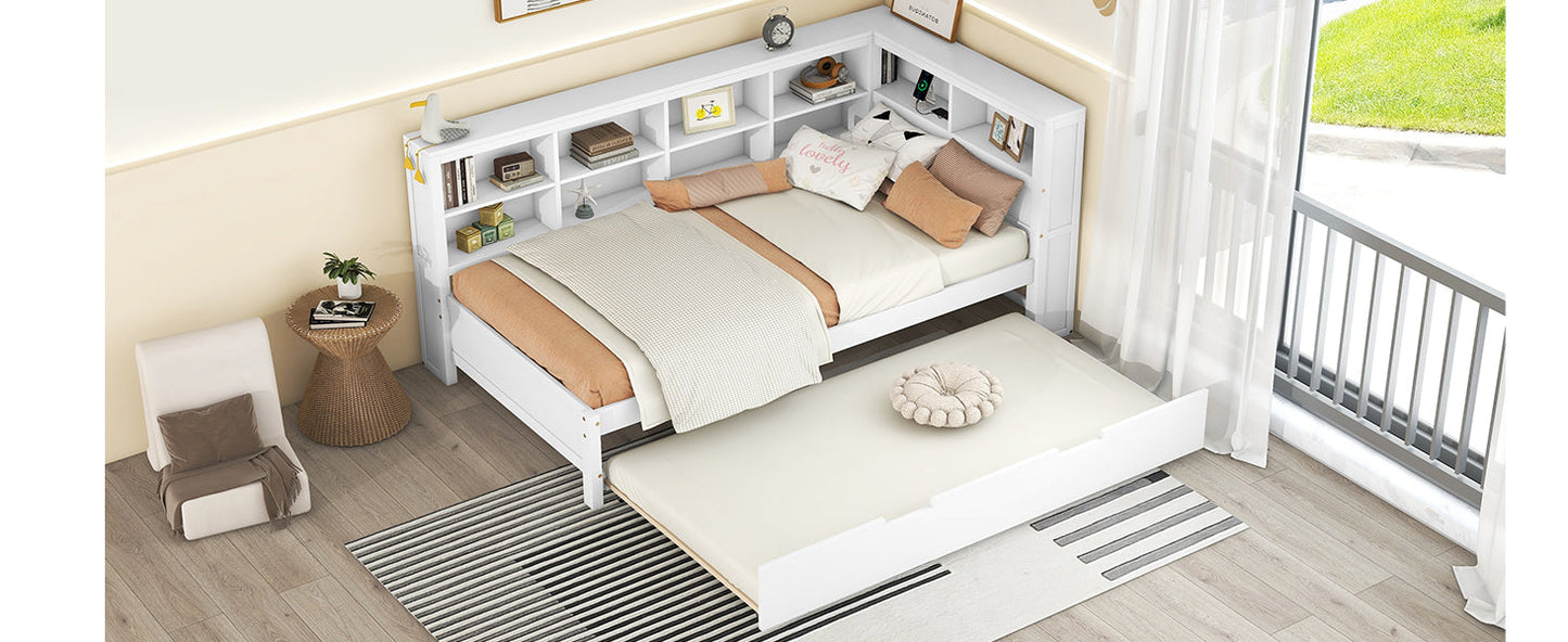 Wooden Twin Size DayBed with Twin Trundle, DayBed with Storage Shelf and USB Charging Ports,White - Korvel