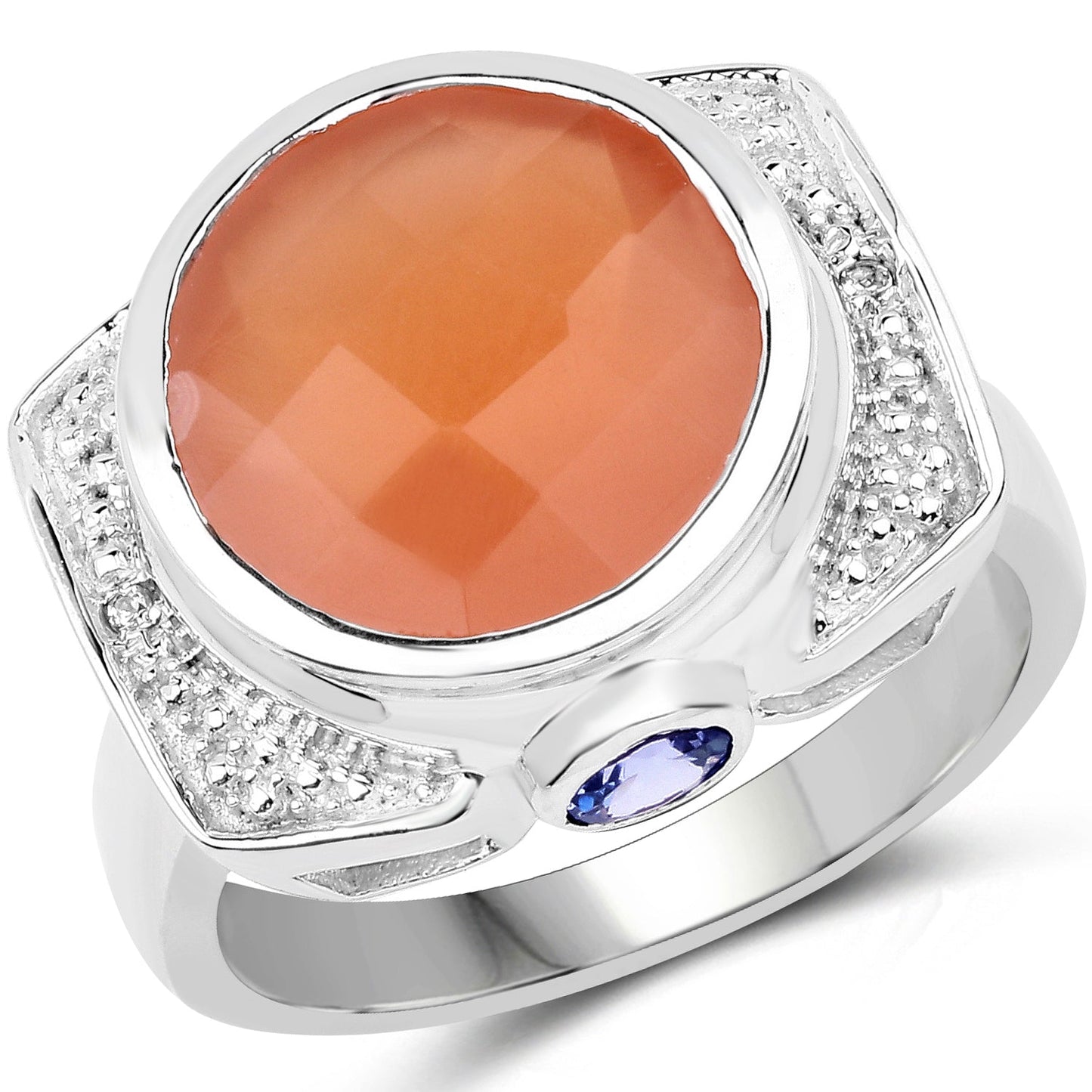 Bague en argent sterling avec pierre de lune pêche et tanzanite de 5,99 carats
