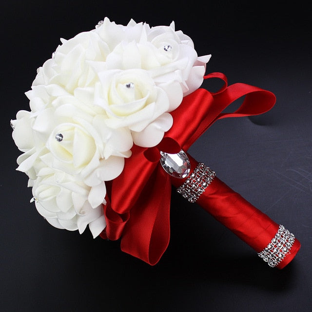 White Ivory Bridal Bridesmaid Flower Wedding Bouquet Artificial Flower Rose Bouquet Crystal Bridal Bouquets - Korvel