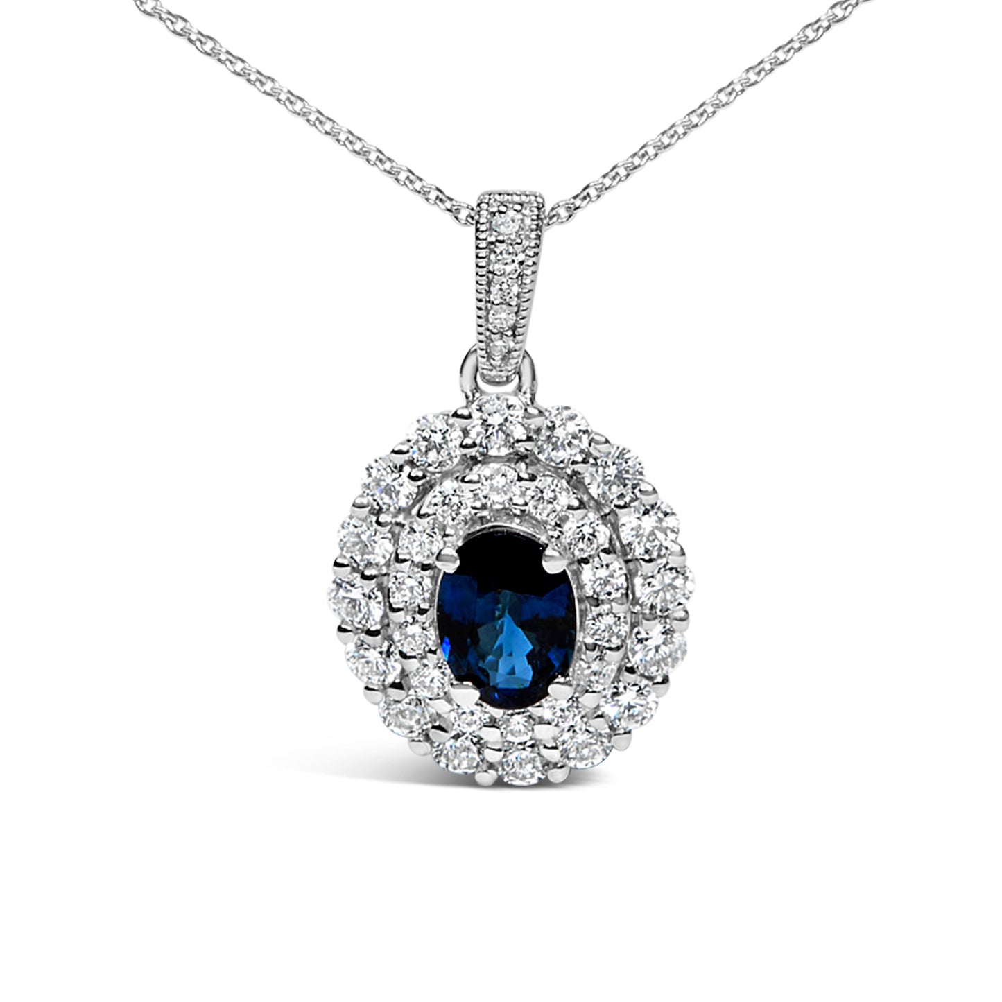Collar con colgante de halo de diamantes y zafiro azul en oro blanco de 14 quilates