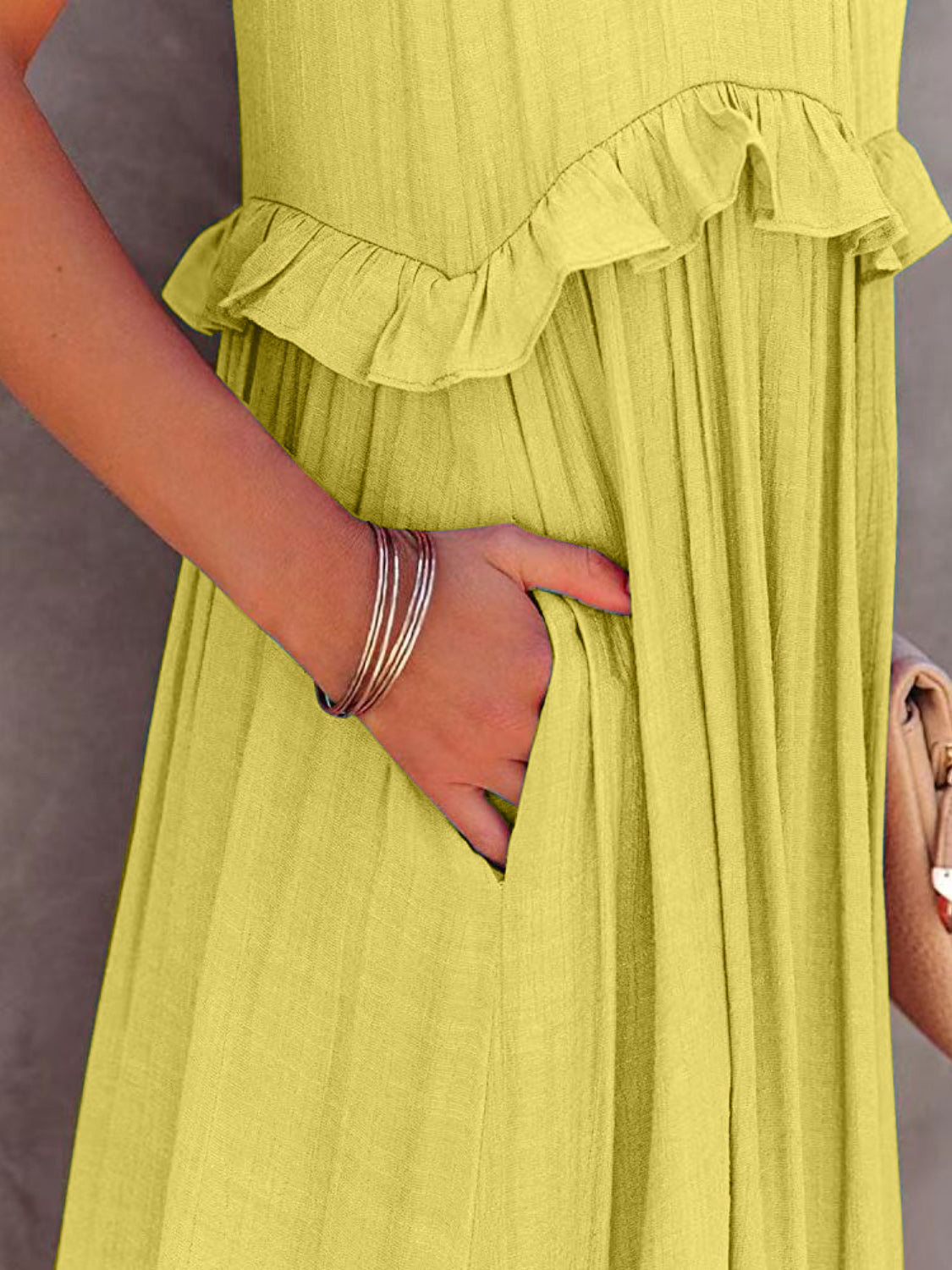 Elegant Ruffled Sleeveless Tiered Maxi Dress with Pockets