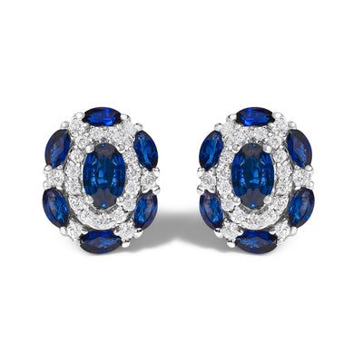 14K White Gold Blue Sapphire and Diamond Vintage Style Stud Earrings