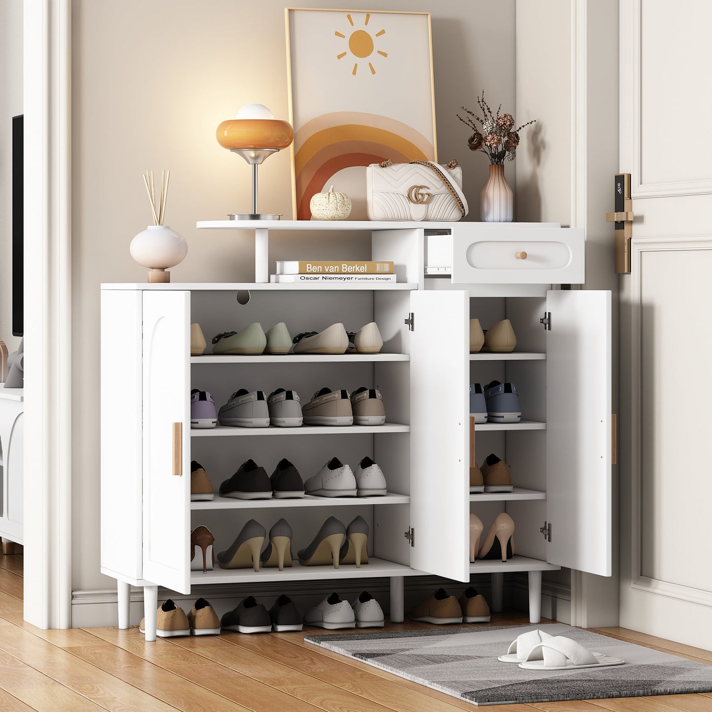 Cabinet à chaussures élégant ON-TRANS avec portes cintrées et tiroirs