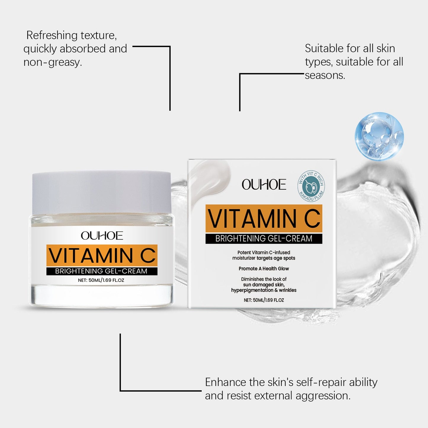 Vitamin C Facial Gel Cream, Gentle Nourishing, Brightening, Moisturizing, Hydrating And Light Line Moisturizing Skin Cream - Korvel
