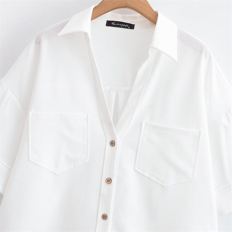 Elegant  Style Women's Fashion Casual Versatile V-Neck Short Sleeve Crop Shirt - Korvel