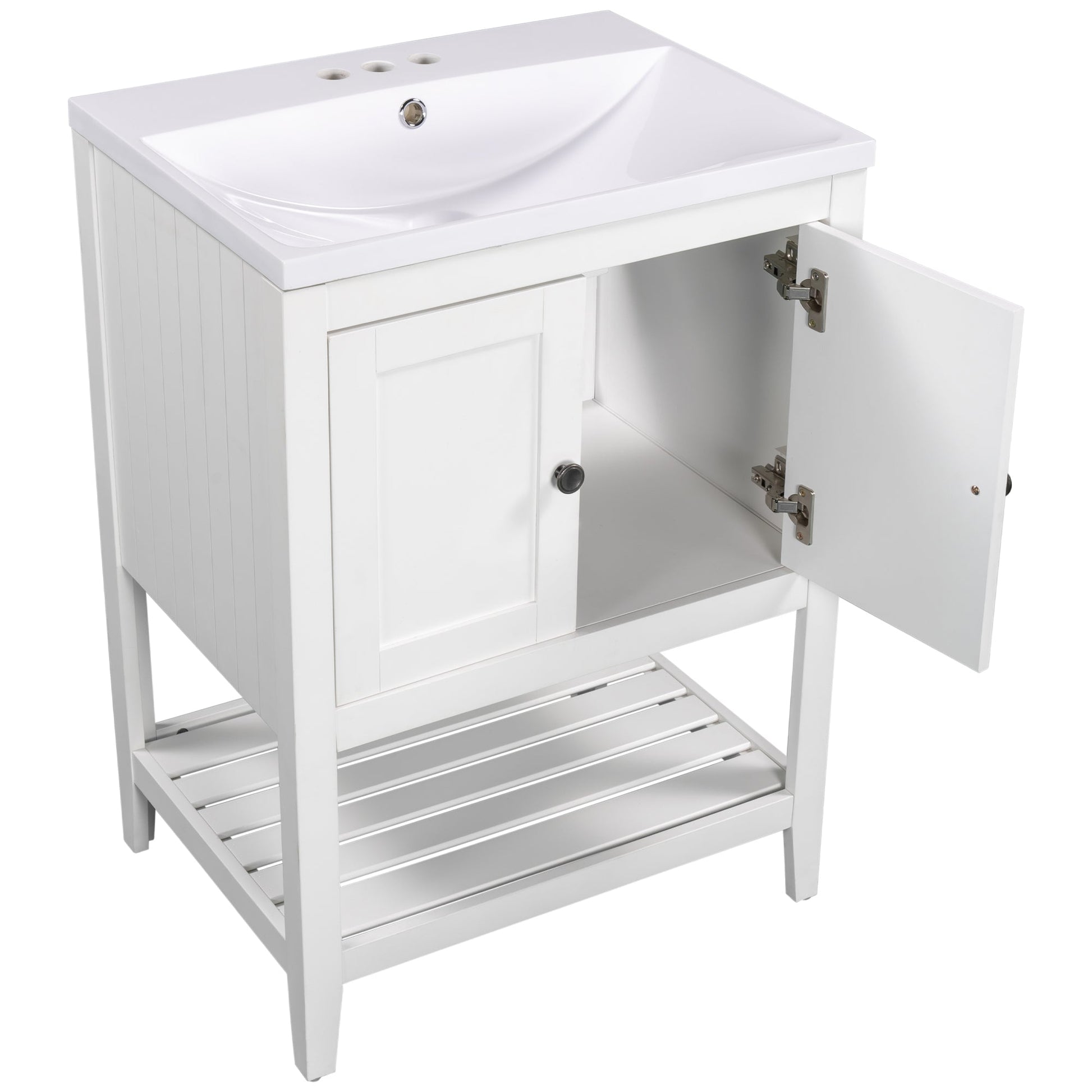 24" White Modern Sleek Bathroom Vanity Elegant Ceramic Sink with Solid Wood Frame Open Style Shelf - Korvel