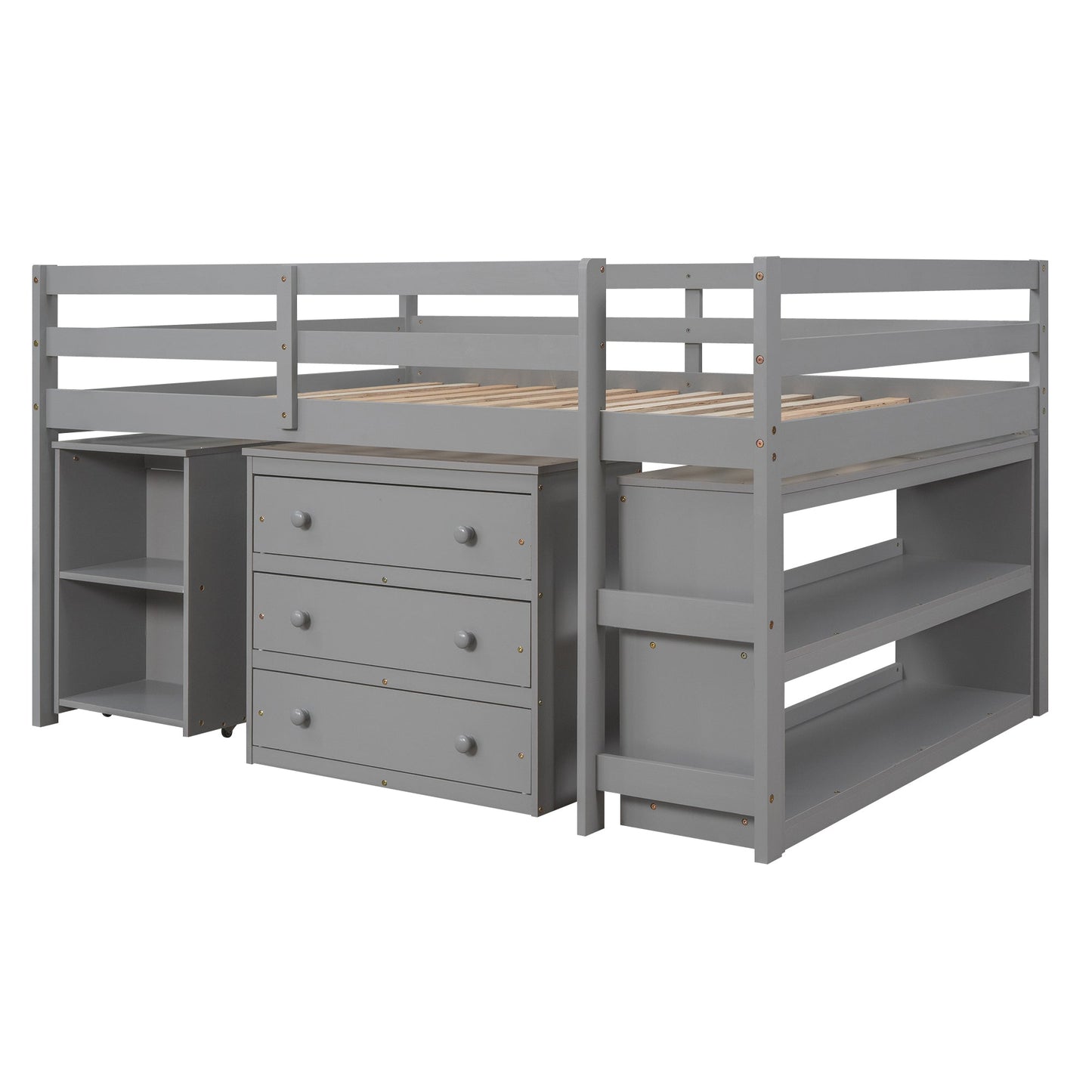 Low Study Full Loft Bed with Cabinet Shelves and Rolling Portable Desk Multiple Functions Bed- Gray - Korvel