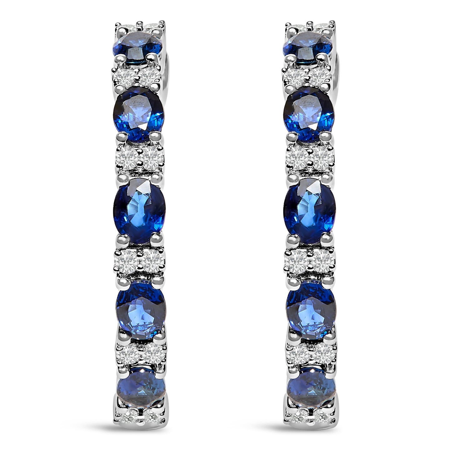 14K White Gold Oval Blue Sapphire & Diamond Hoop Earrings