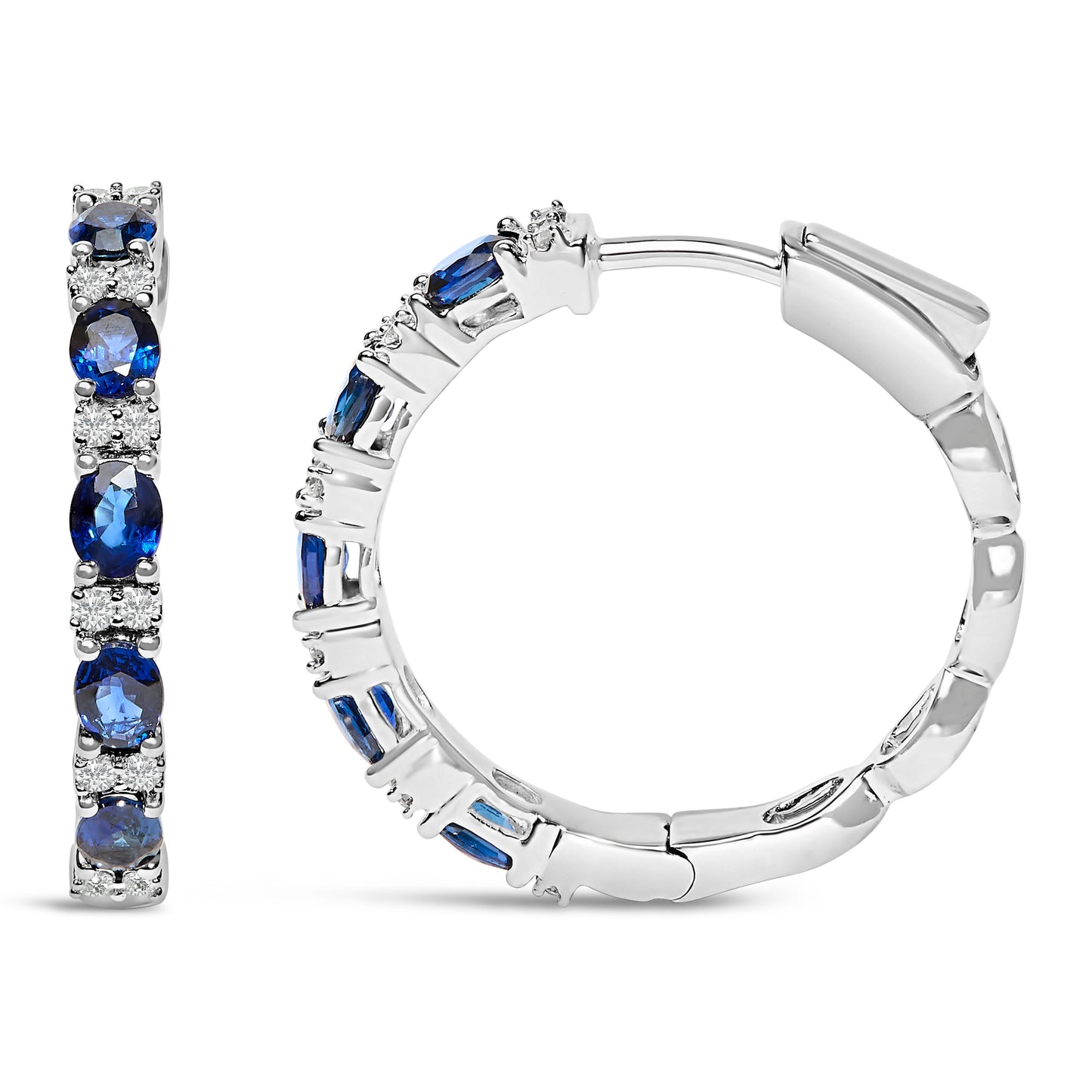 14K White Gold Oval Blue Sapphire & Diamond Hoop Earrings