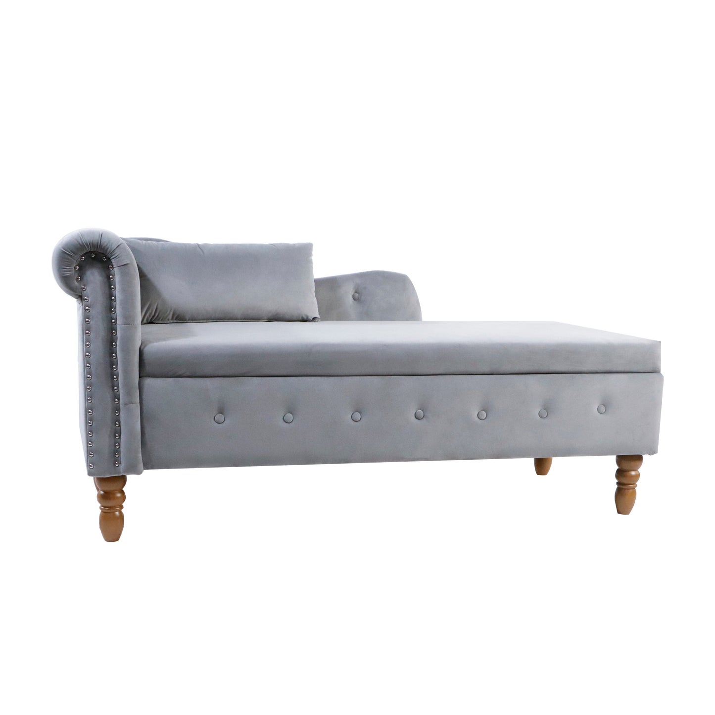Chaise longue en velours gris avec rangement et coussin