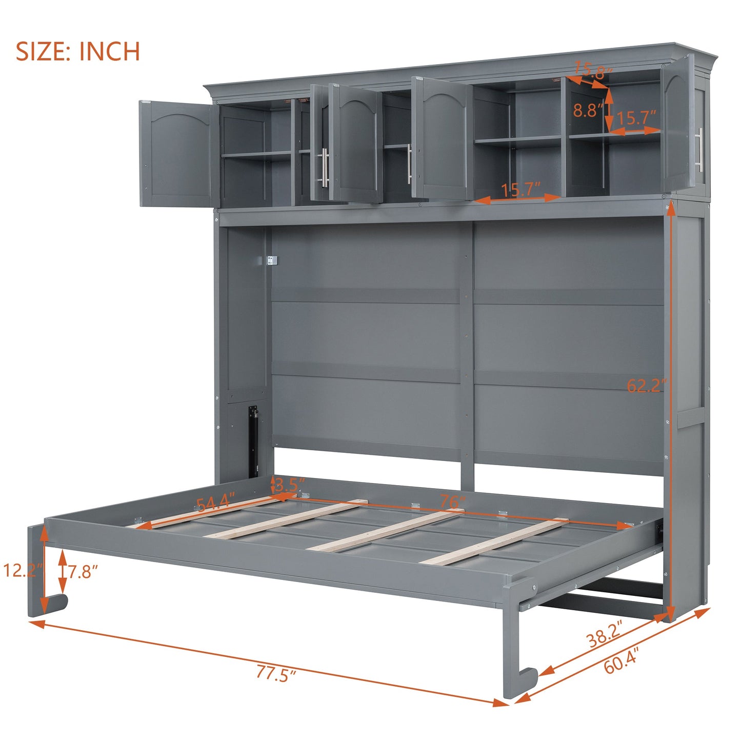Full Size Murphy Bed Wall Bed with Top Cabinets,Gray - Korvel