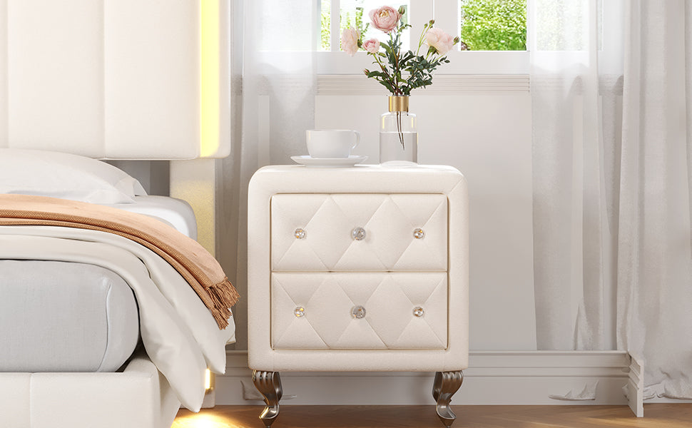 Elegant PU bedside table with 2 drawers and crystal handles, storage with metal legs - white - Korvel