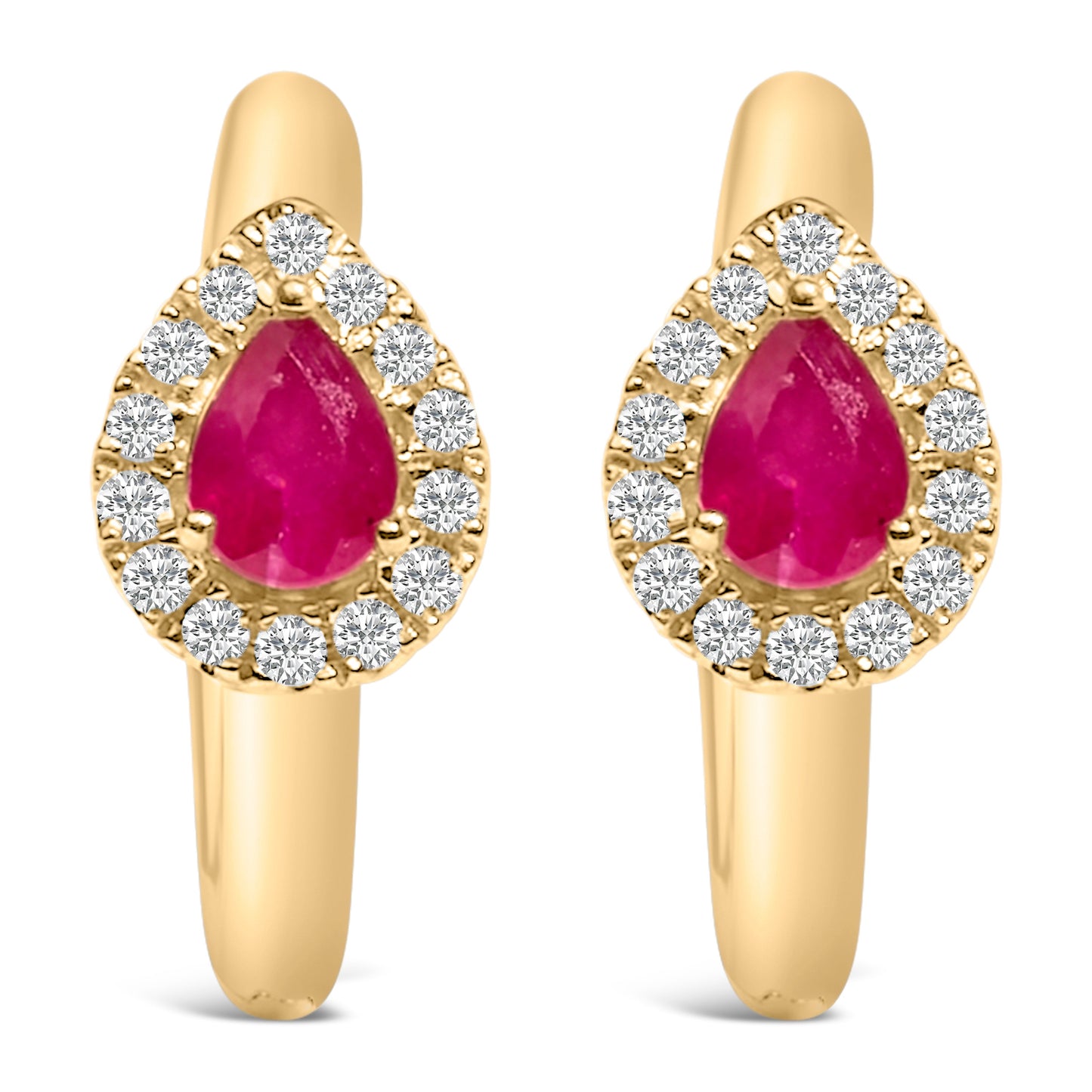 10K Yellow Gold Pear Cut Red Ruby and Diamond Huggy Earrings
