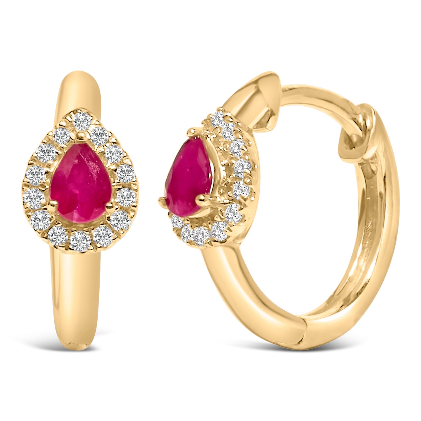 10K Yellow Gold Pear Cut Red Ruby and Diamond Huggy Earrings