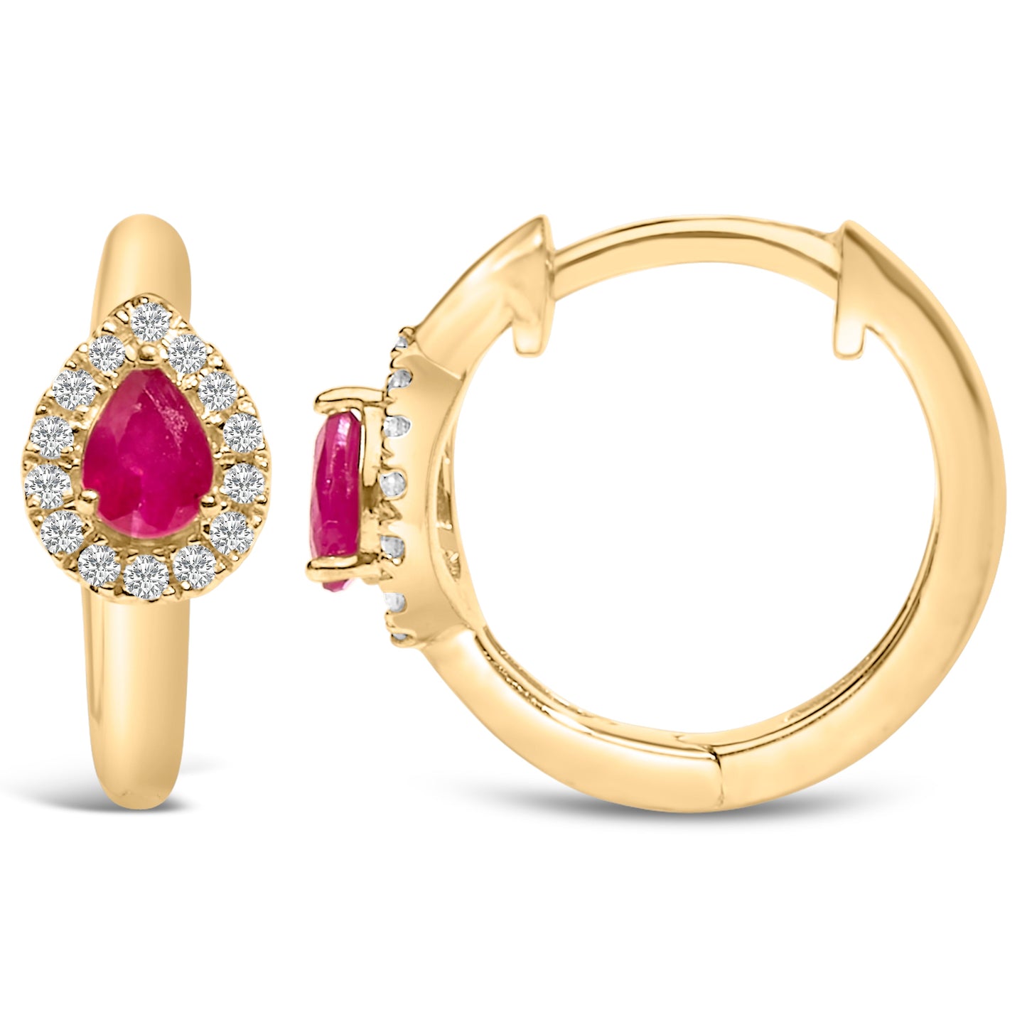 10K Yellow Gold Pear Cut Red Ruby and Diamond Huggy Earrings