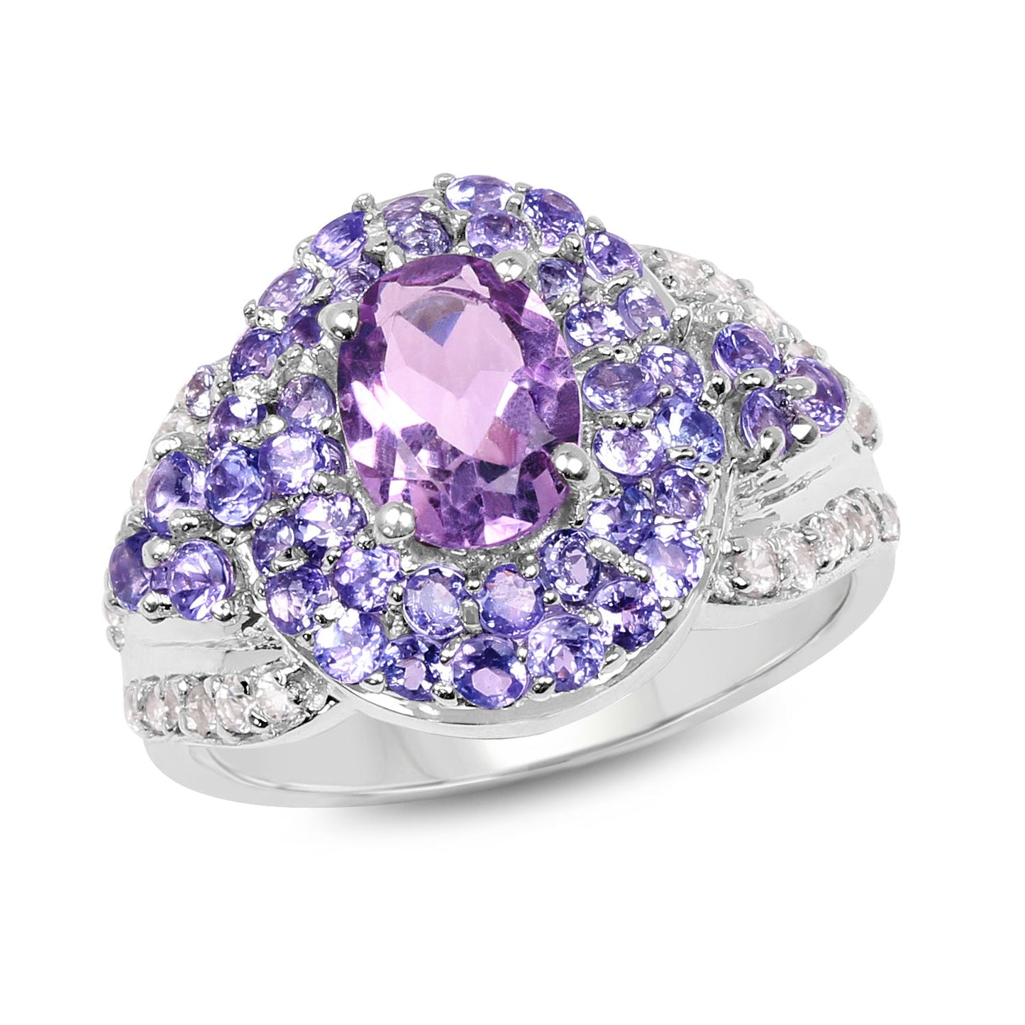 Anillo de Plata Esterlina con Amatista, Tanzanita y Topacio Blanco de 2.88 Quilates