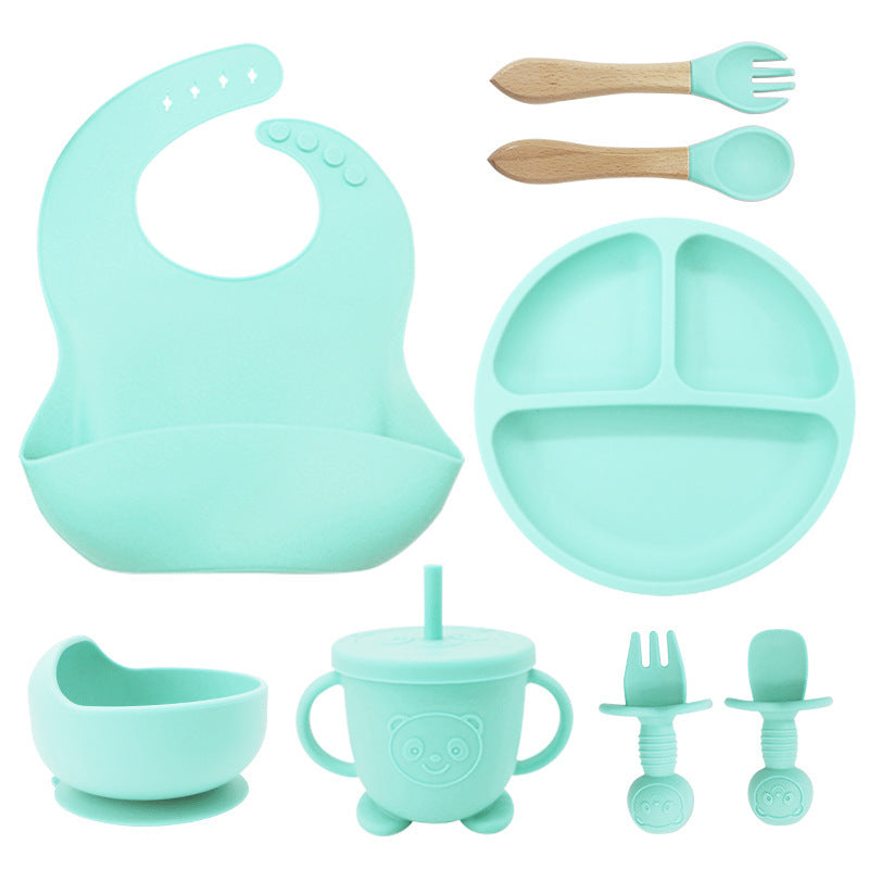 8PCS Mother and baby silicone bibs, silicone dinner plates, eight-piece set, baby food training suction cup bowl, baby divided tableware set - Korvel