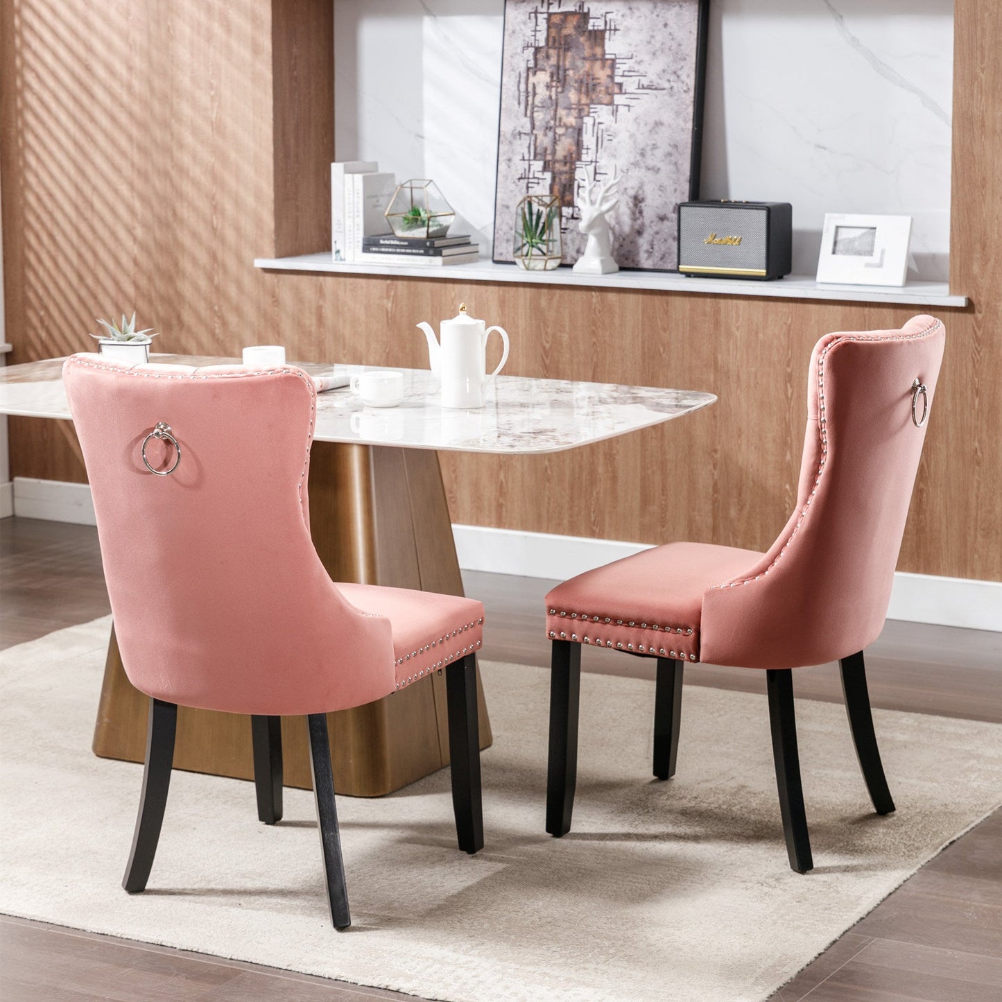 High-end Tufted Solid Wood Contemporary Velvet Upholstered Dining Chair with Wood Legs Nailhead Trim 2-Pcs Set Pink - Korvel