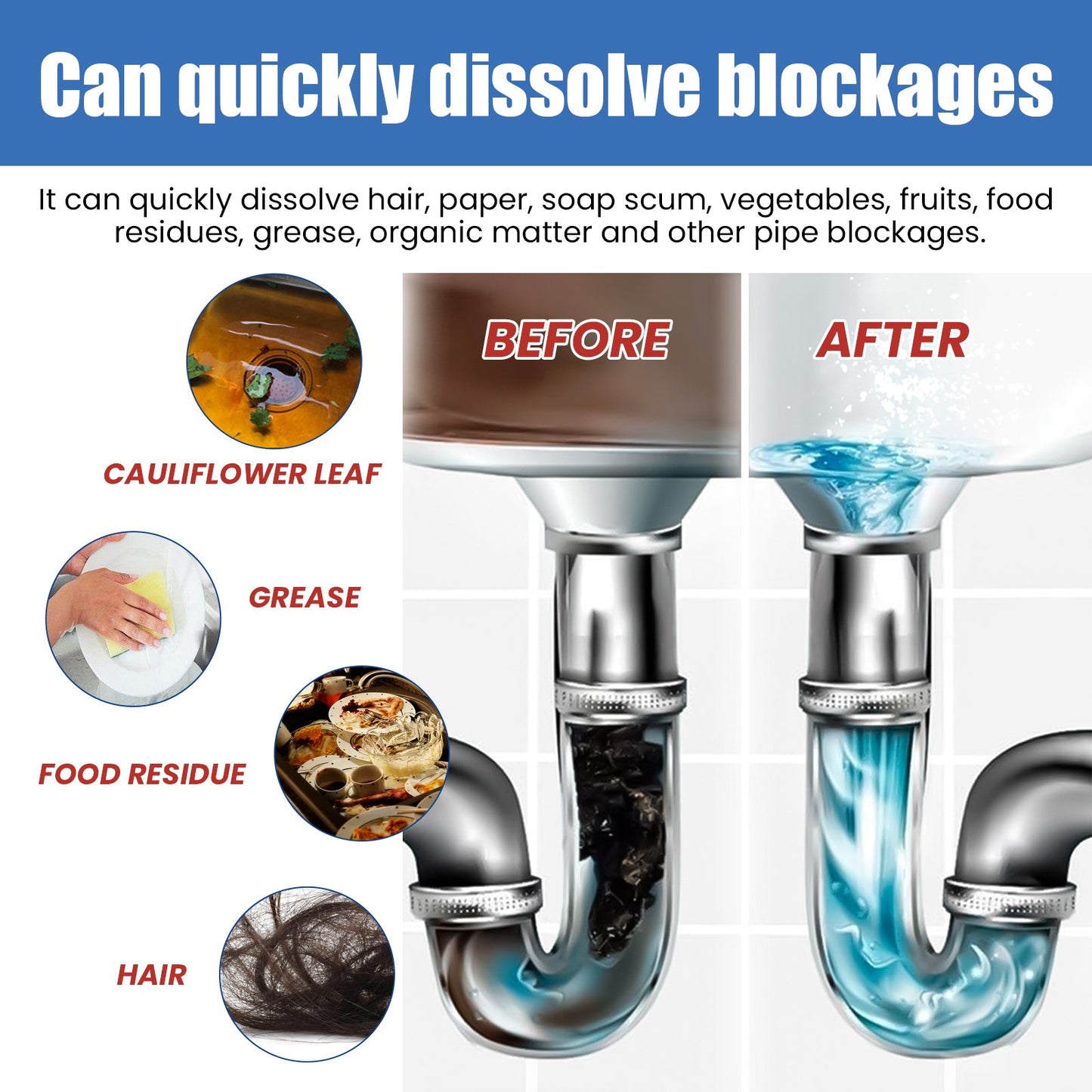 Pipe Remover, Kitchen Bathroom Drain Block Cleaning Stain Deodorant Remover - Korvel