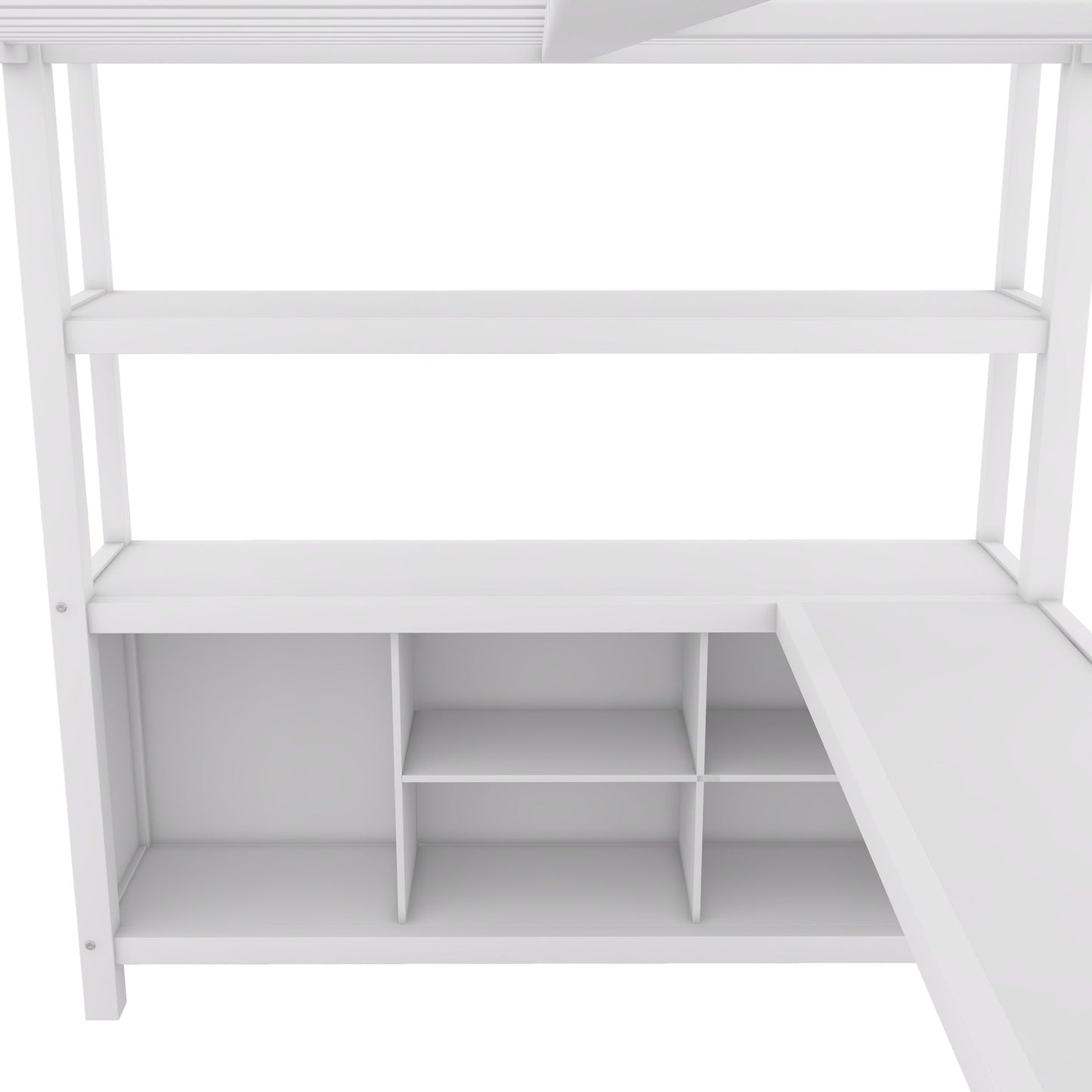 Metal loft bed with wardrobe and L-shaped desk, full-size loft bed with storage cabinet and shelf, white - Korvel
