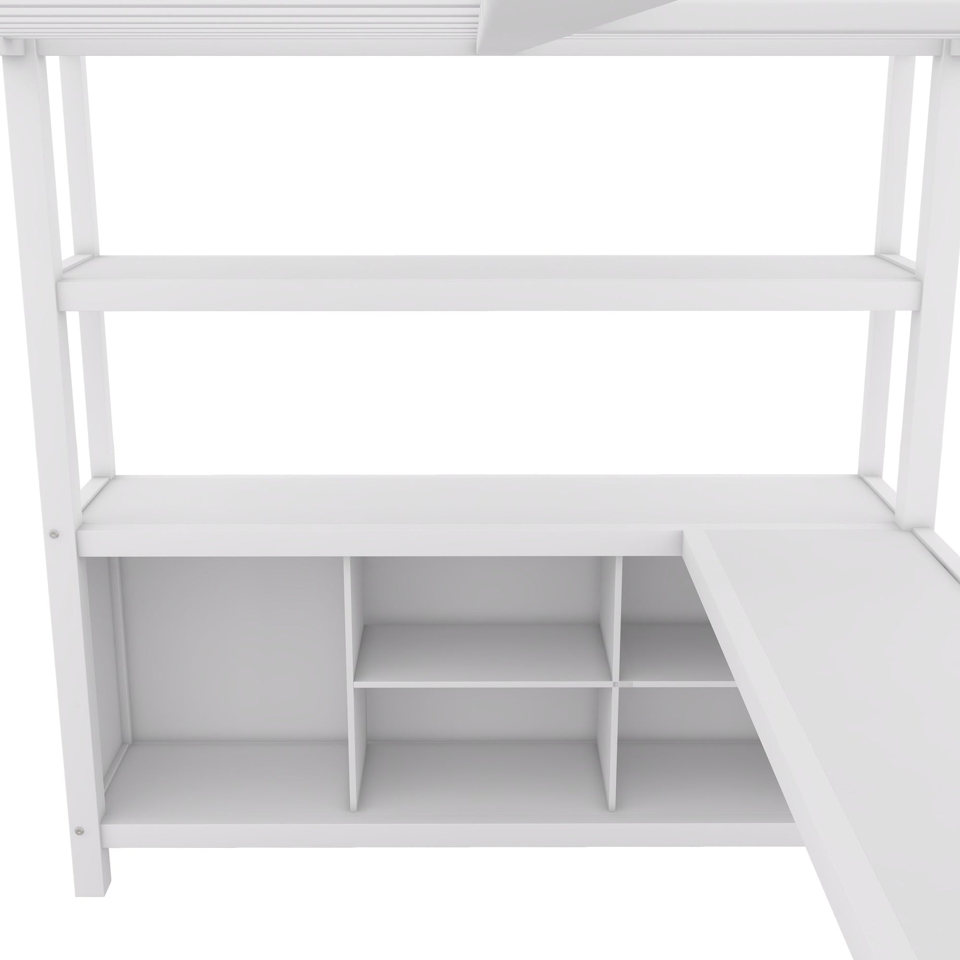 Metal loft bed with wardrobe and L-shaped desk, full-size loft bed with storage cabinet and shelf, white - Korvel
