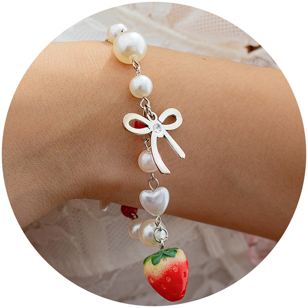 Sweet strawberry bow bracelet Bracelet temperament versatile imitation pearl vacation jewelry - Korvel