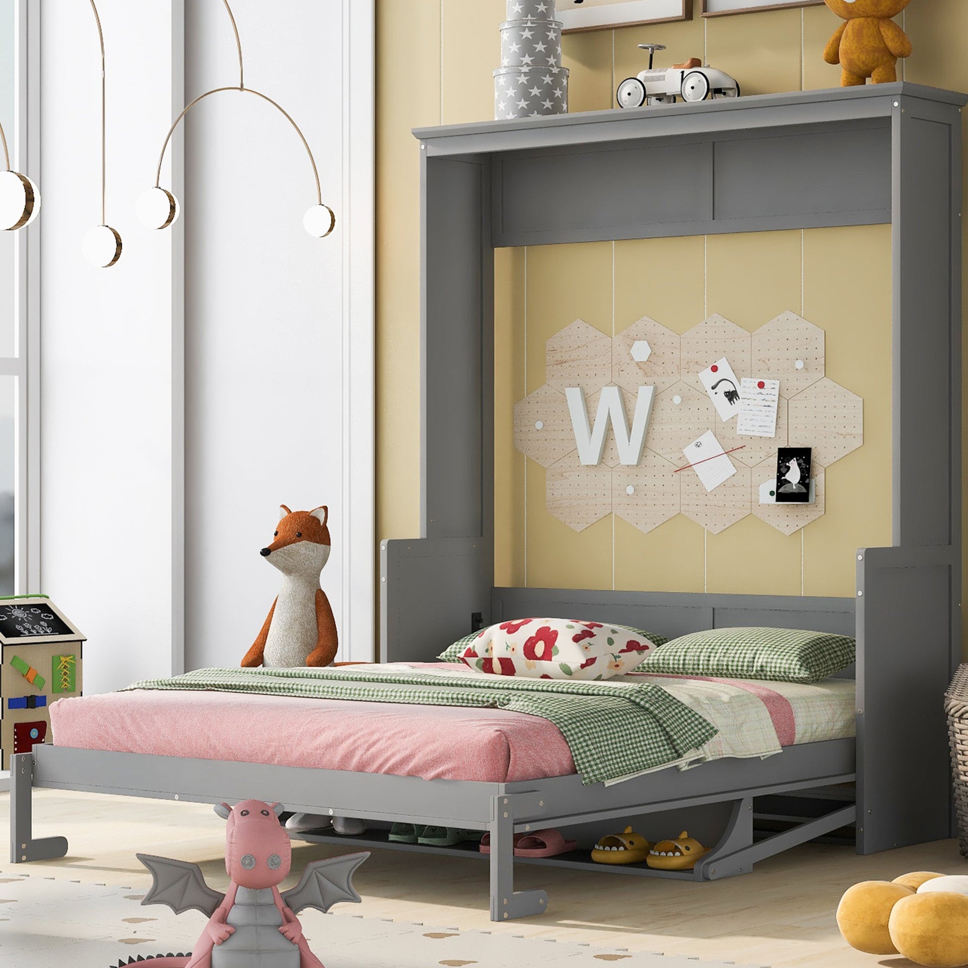 Queen Size Murphy Bed with a Shelf, Gray - Korvel